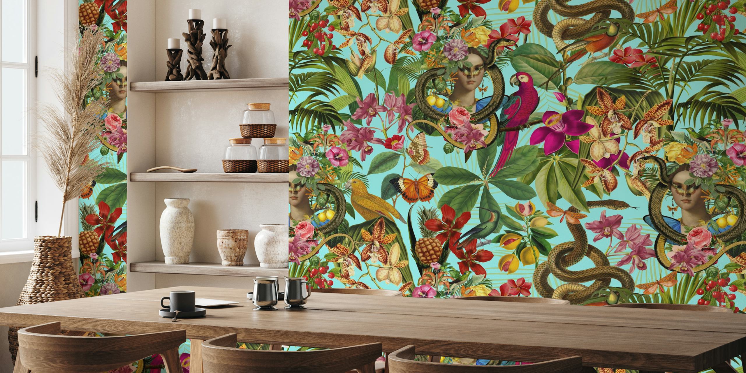 Snake Princess Magic Tropical Garden Teal wallpaper