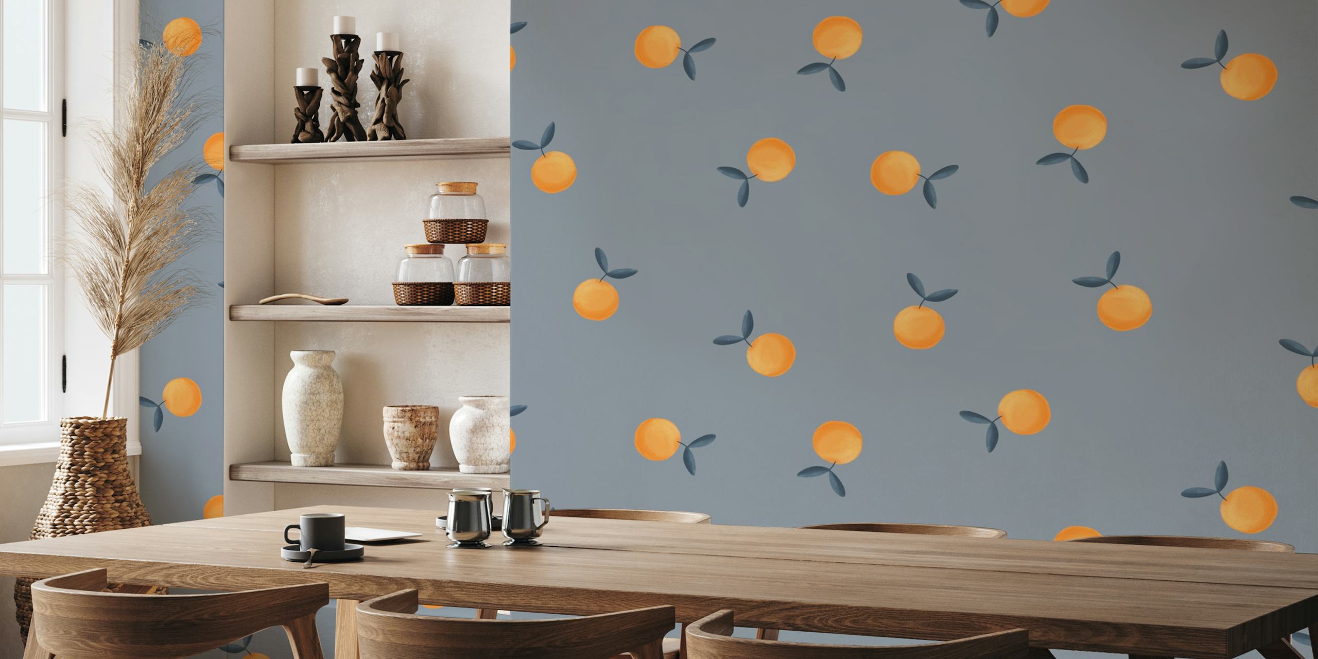 Orange fruits with green leaves on blue background wallpaper