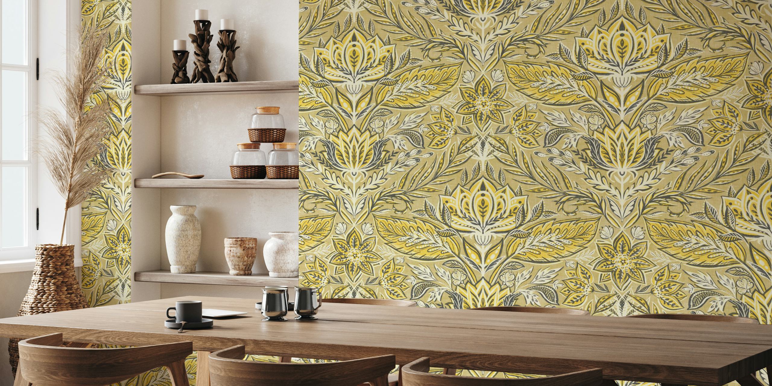 Tapeta Botanical Damask w złotym żółtym i szarym