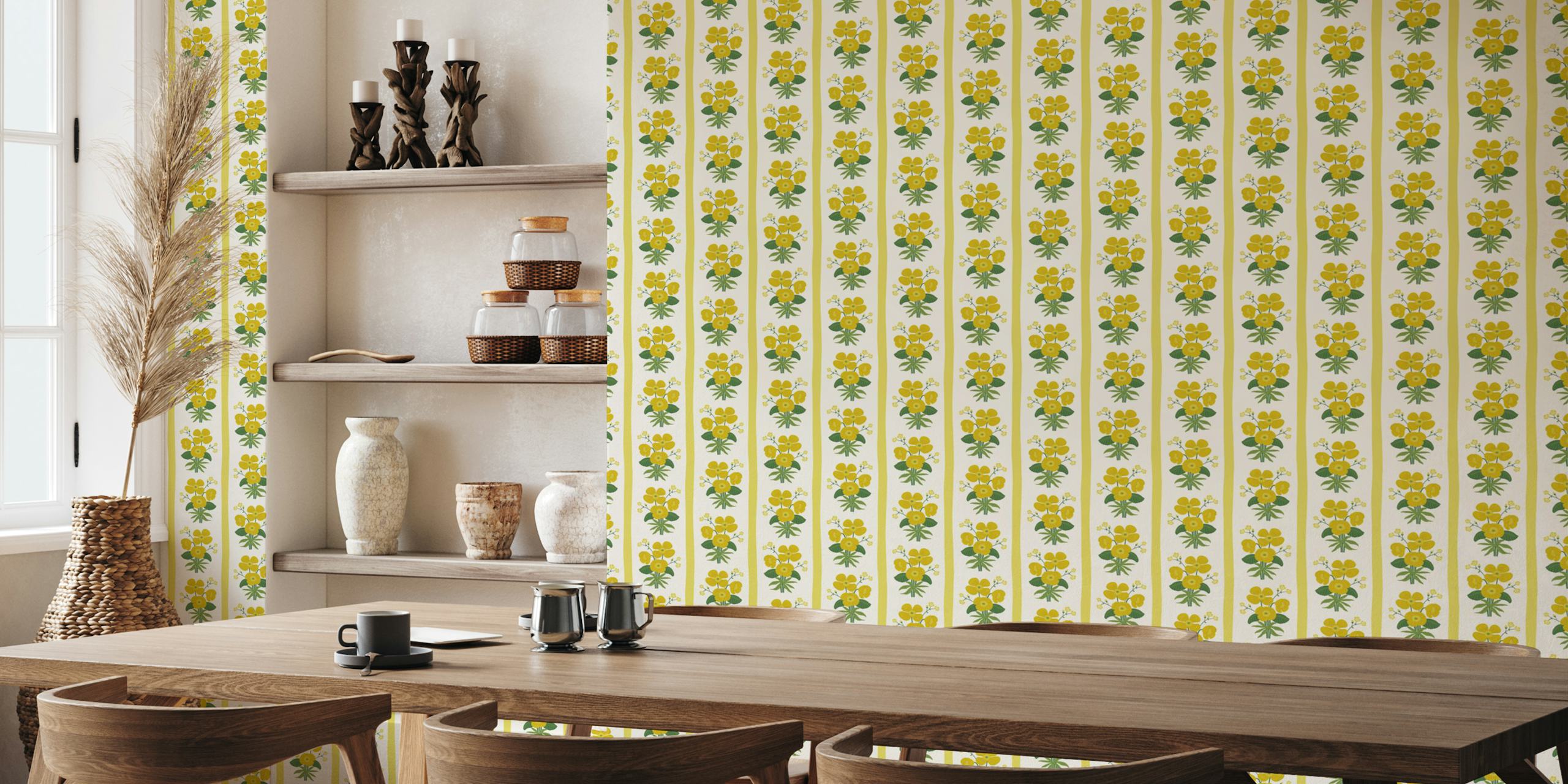 Grandmillennial Poppies Stripe yellow wallpaper in a room