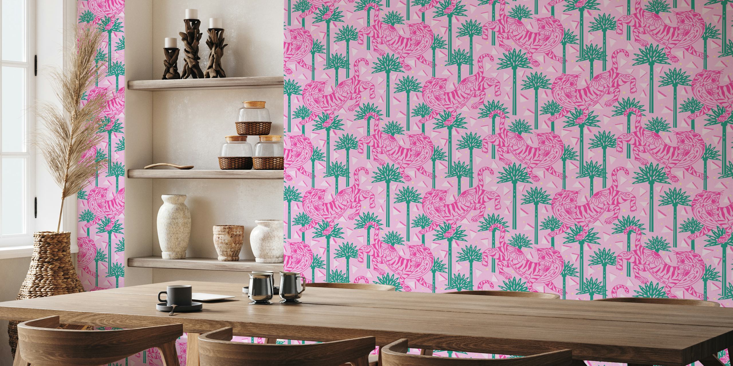 Pink tiger with flowers and green palms pattern wallpaper
