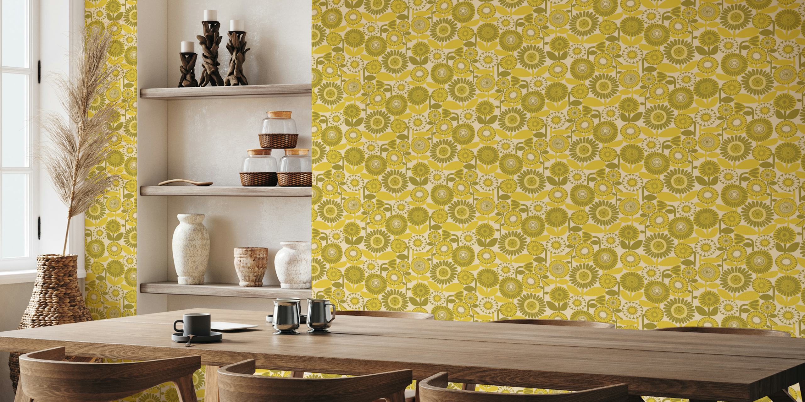 Mustard Scandi sunflower meadow wallpaper in a room