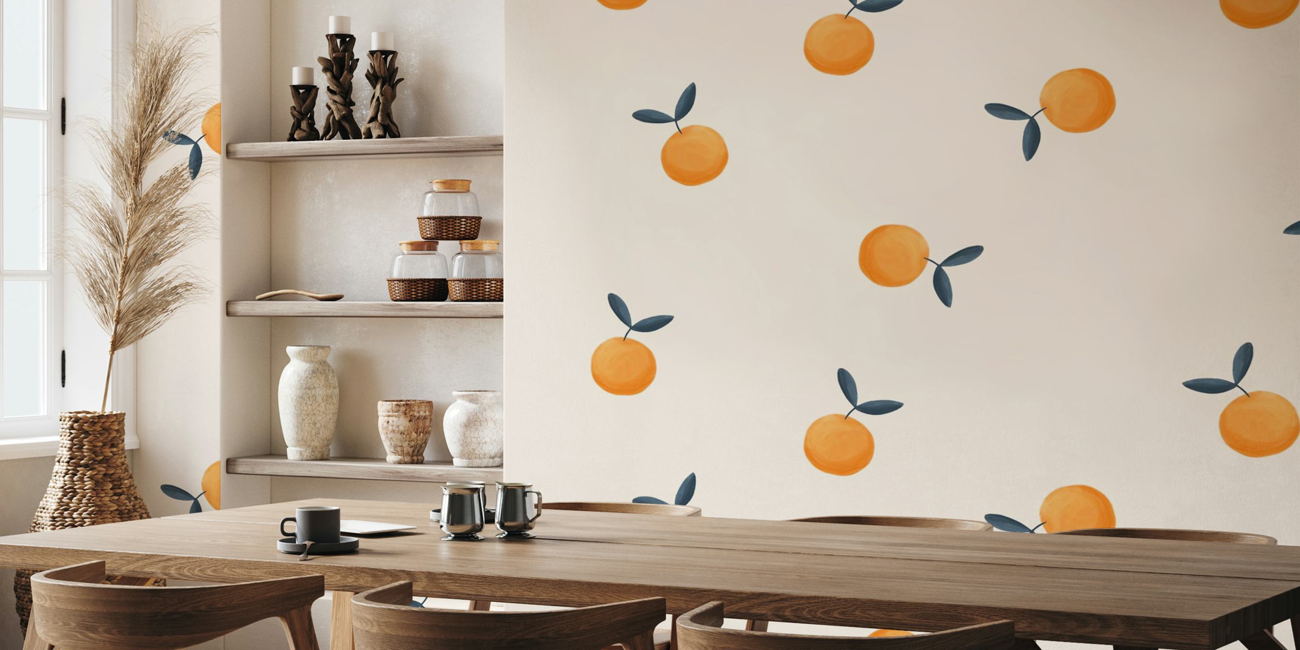 Orange fruit pattern wallpaper with orange and green leaves