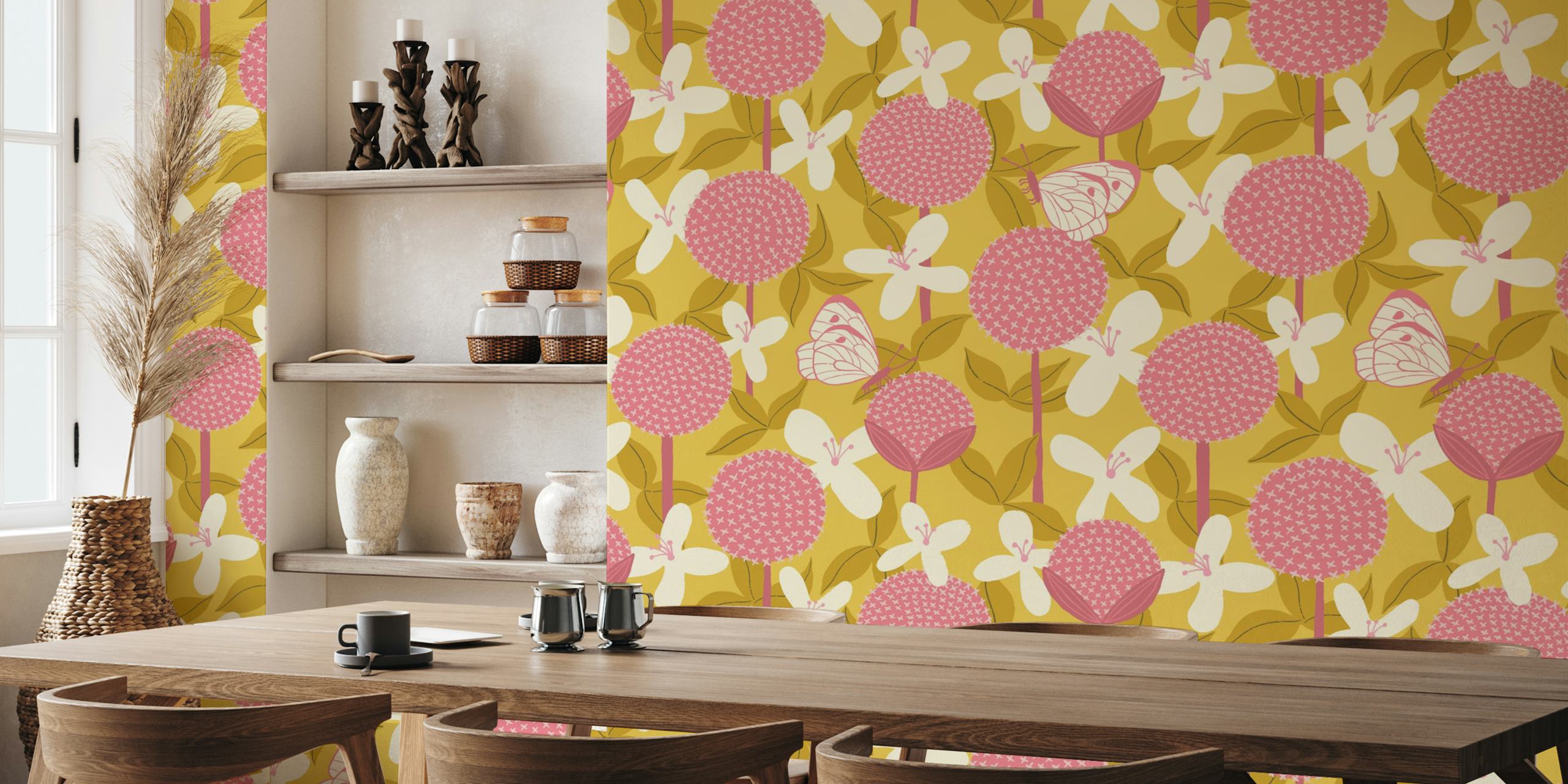 Papel de parede amarelo Allium e Clematis com borboletas