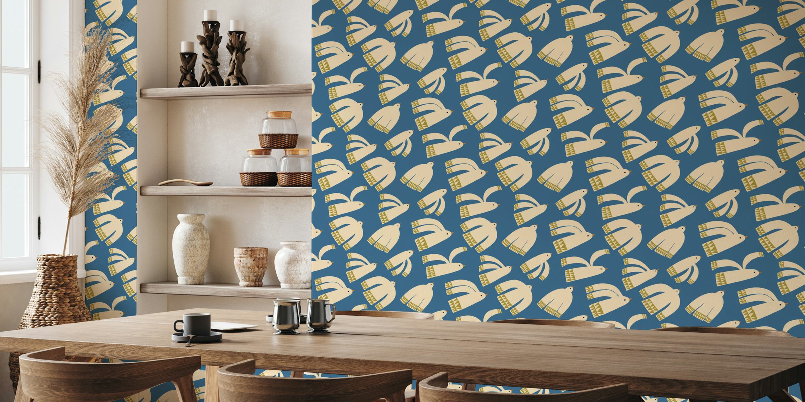 Folk art birds wallpaper in a room