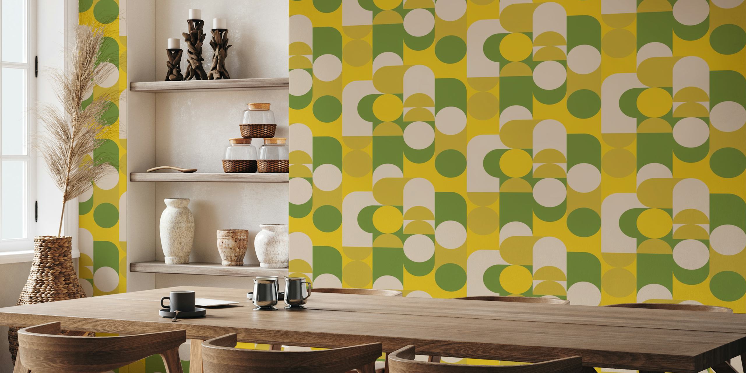 Geometric shapes in green, yellow, and cream wallpaper