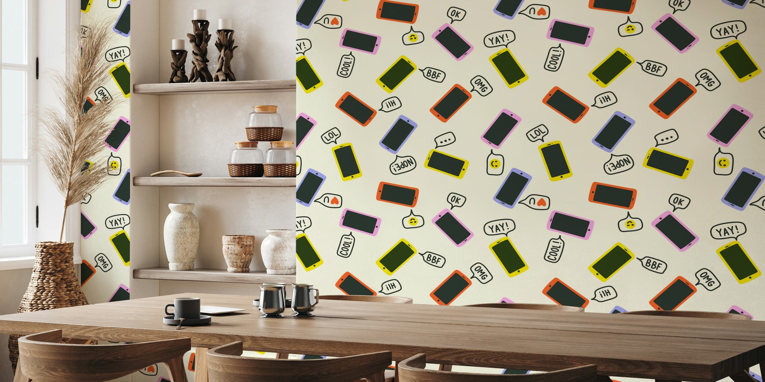 Fondo de teléfonos móviles coloridos en una habitación