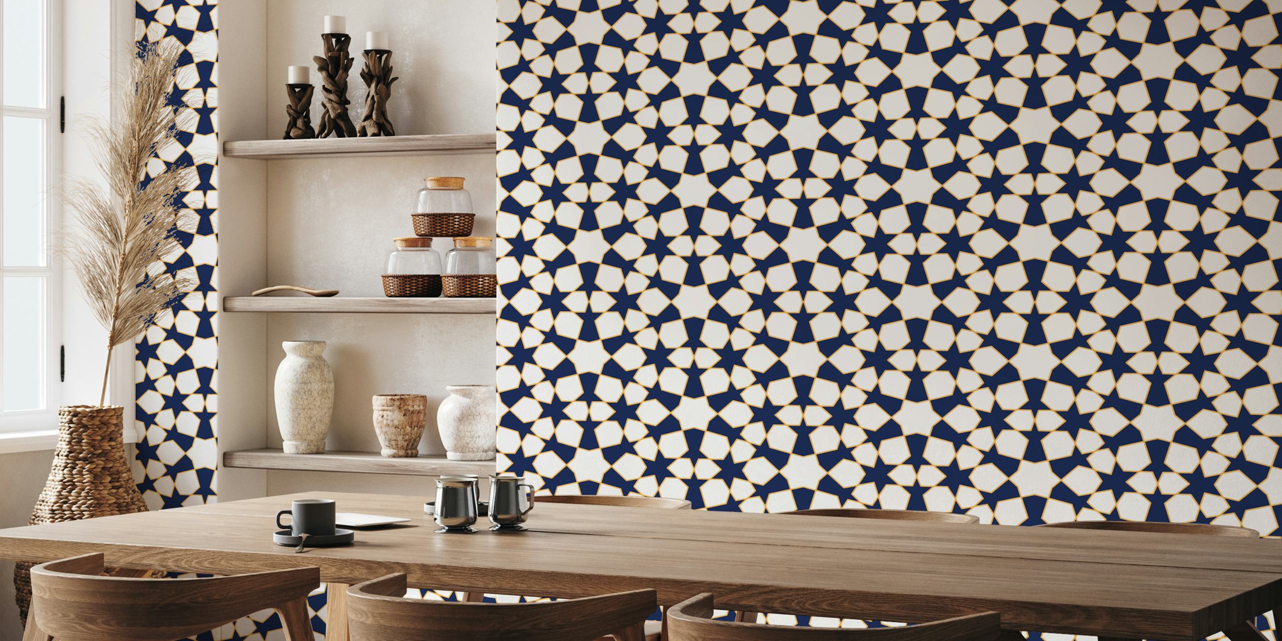 Amostra de papel de parede navy arabesque art style 9 navy smaller no quarto