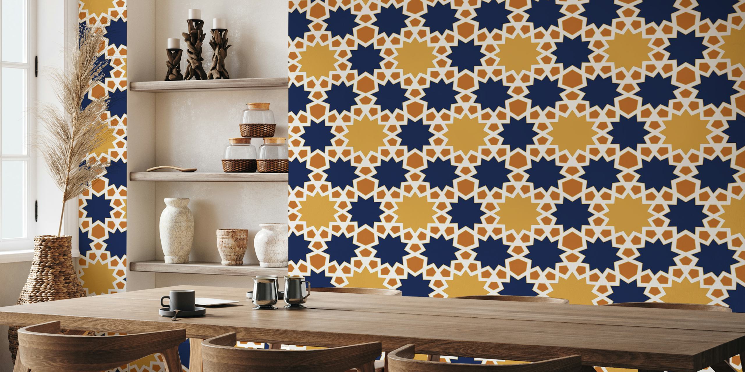 Arabesque star pattern in navy and gold wallpaper