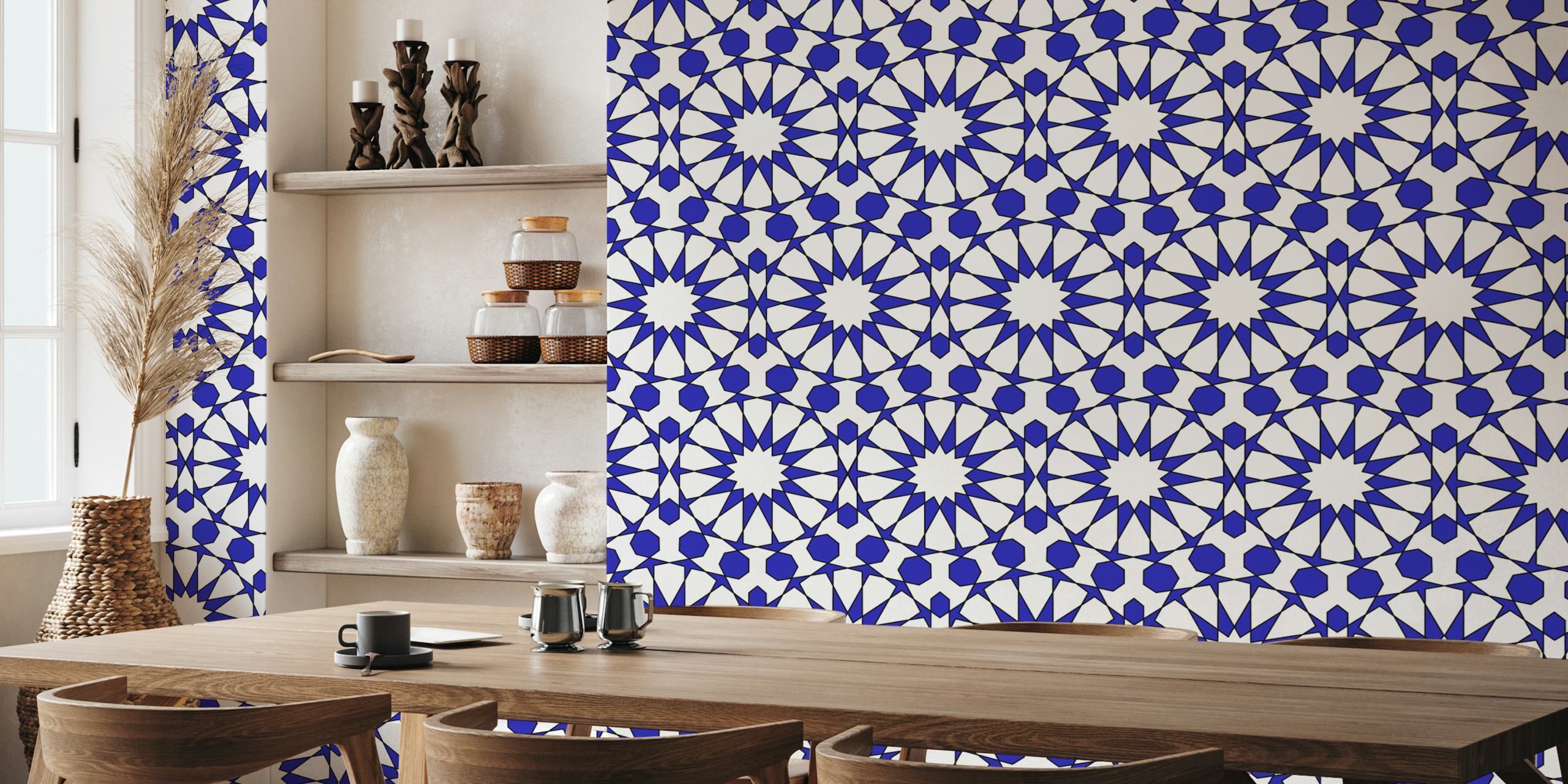 Navy arabesque pattern wallpaper in a room