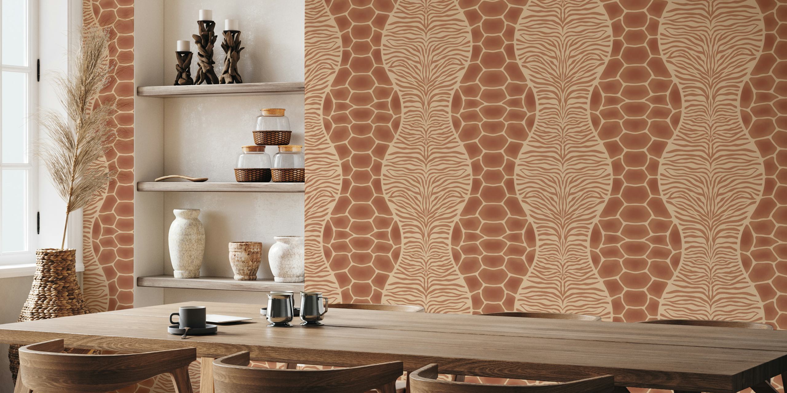 Papier peint mural imprimé girafe zèbre aux tons chauds