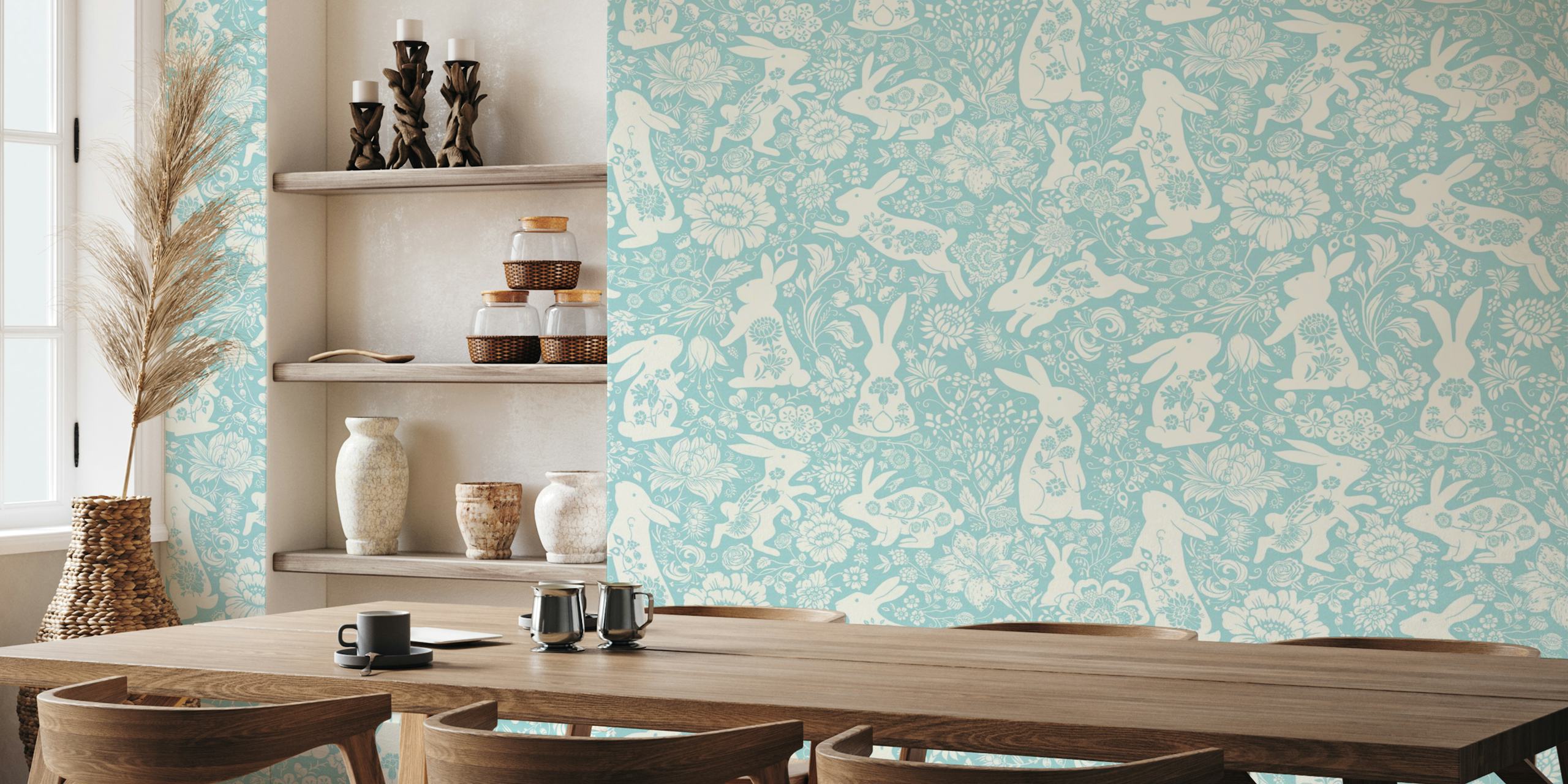Light blue floral rabbit wallpaper with white rabbits and flowers