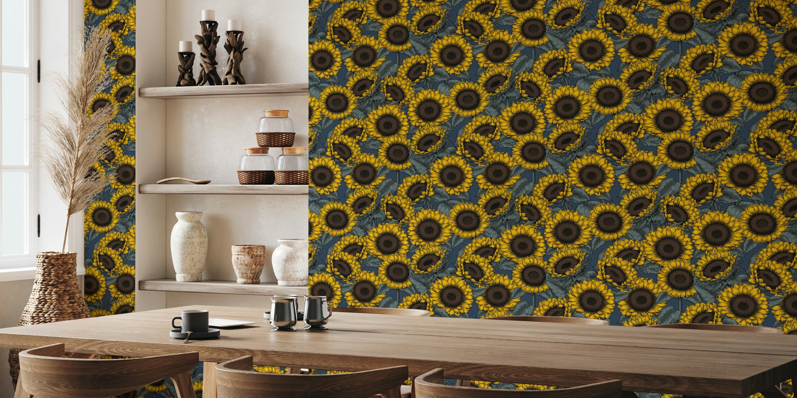 Yellow sunflowers with dark centers and green leaves wallpaper