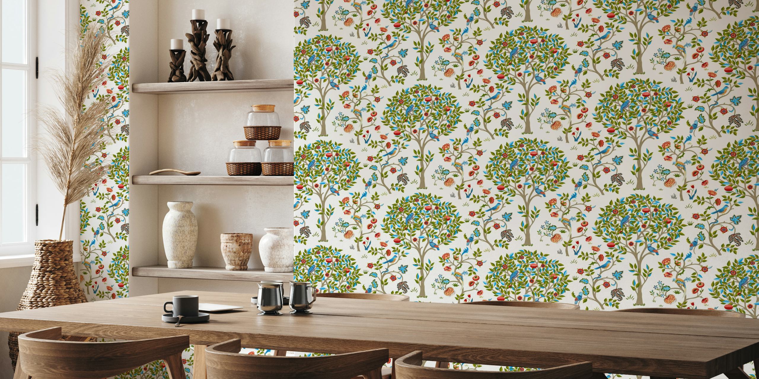 Victorian-style tree and bird patterned wall mural with blue, red, and green accents