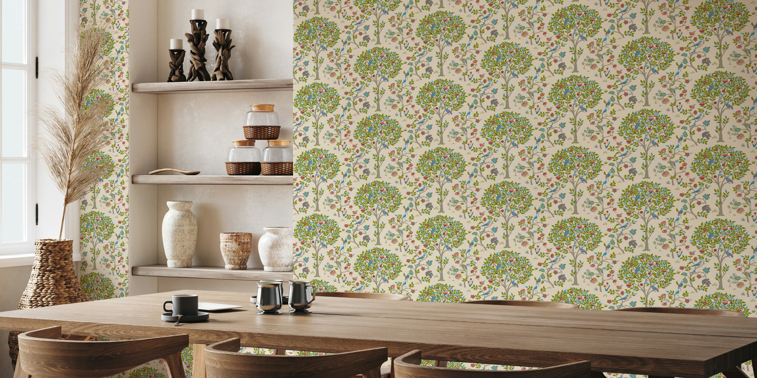 Floral tree pattern with colorful leaves and birds wallpaper