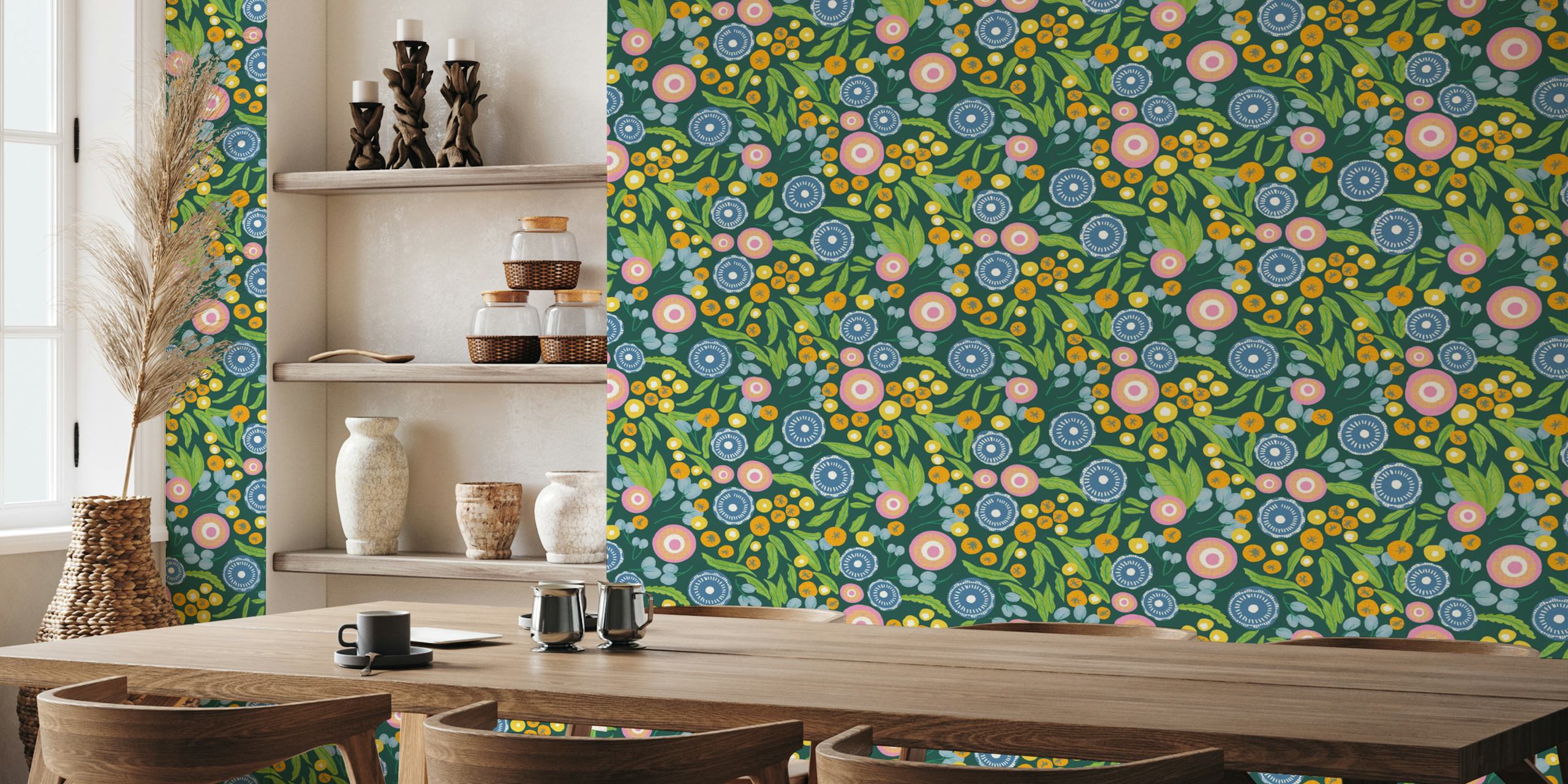 Mural de parede floral colorido estilo desenhado à mão com flores rosa, amarelas e azuis sobre um fundo verde