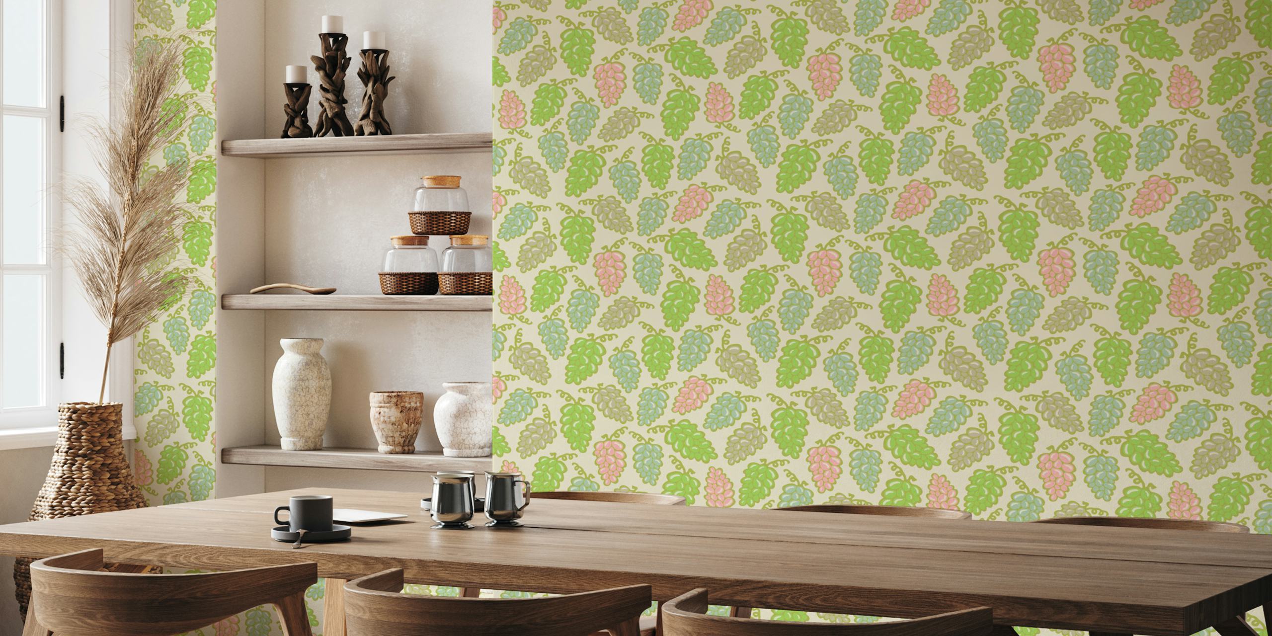Colorful grapes in pastels of green and pink wallpaper