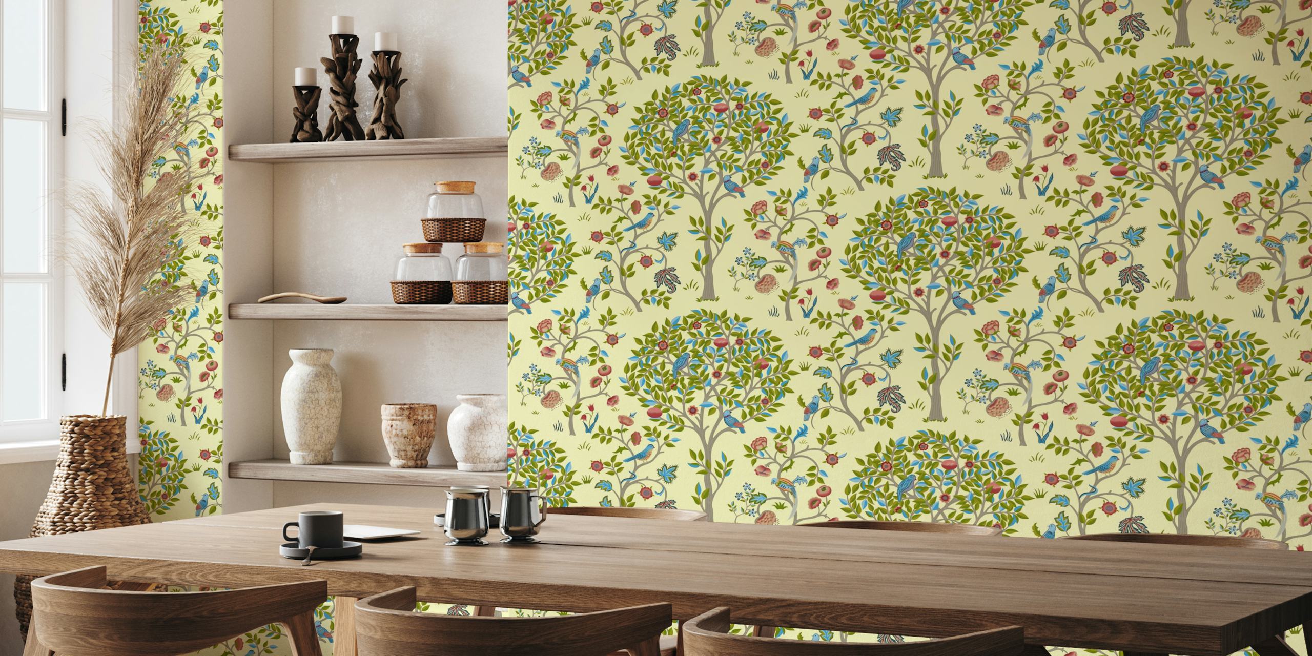 Floral tree pattern with colorful birds and leaves on cream background wallpaper.