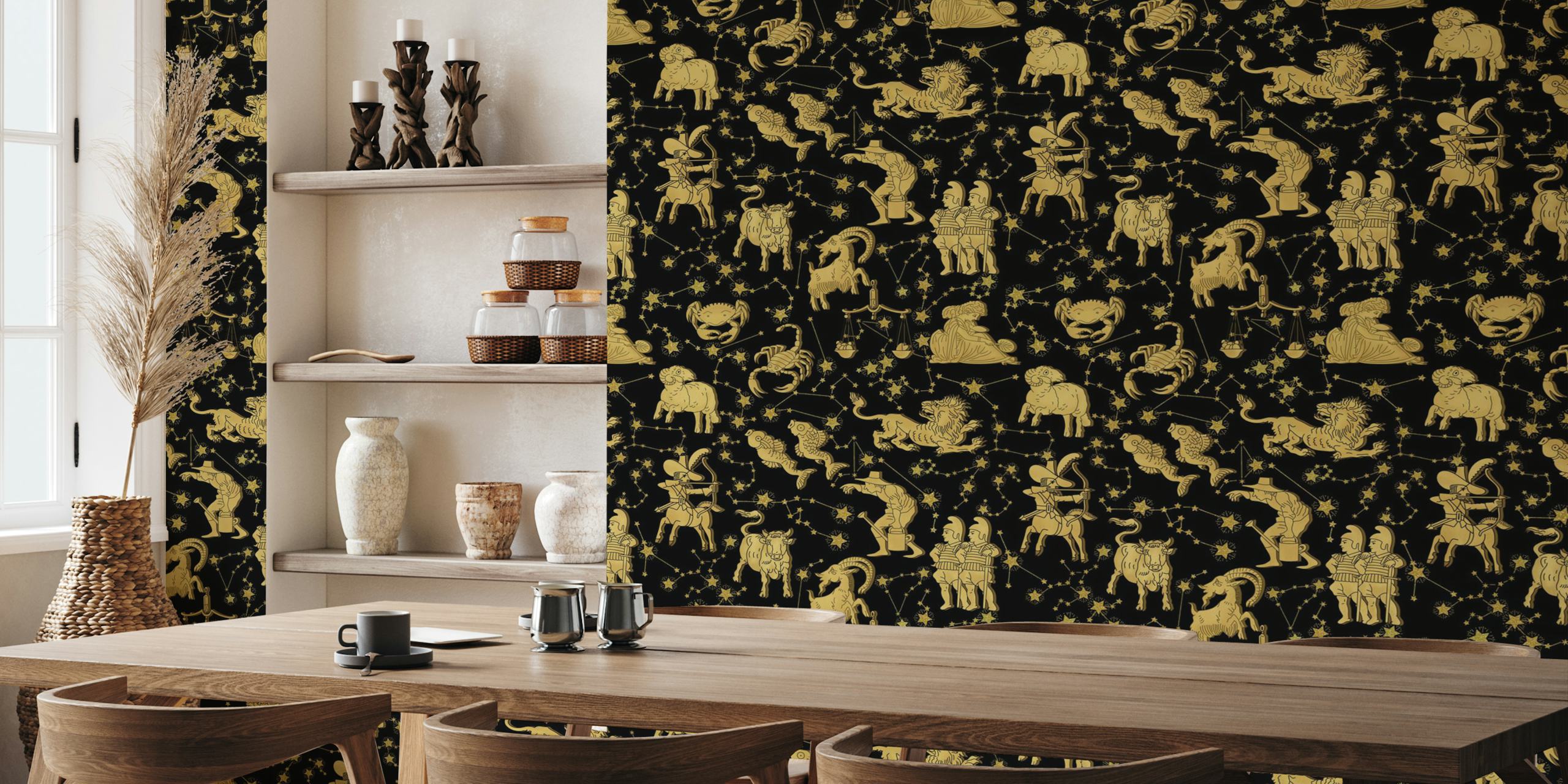 Wall wallpaper featuring zodiac signs and constellations