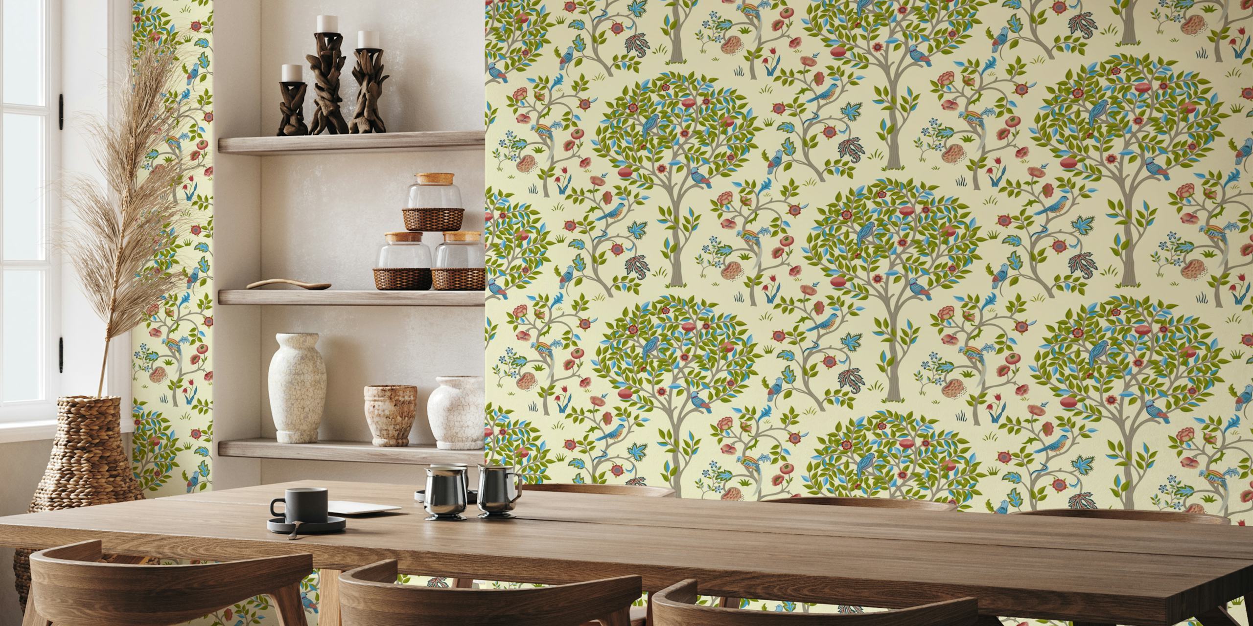 Pastel floral tree pattern with colorful birds and flowers wallpaper