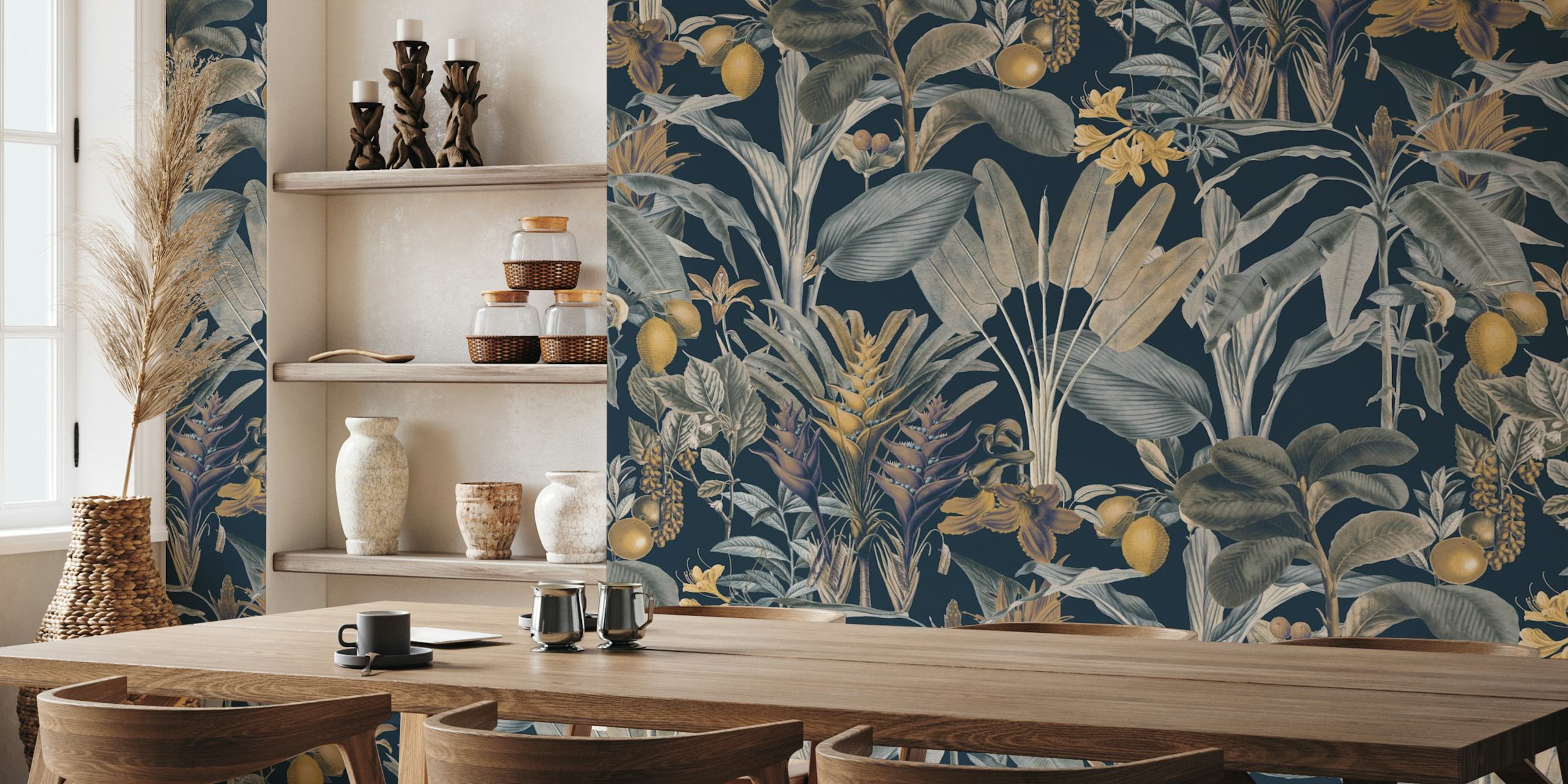 Moody Teal Blue Jungle wallpaper in a room