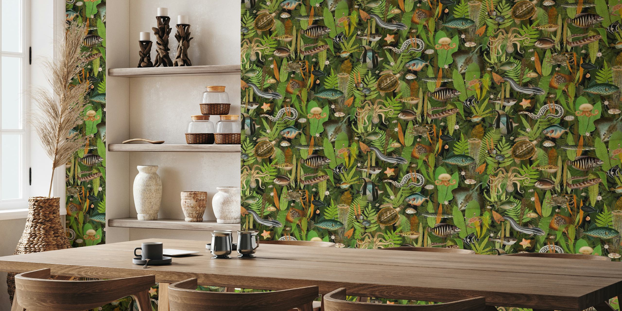 Aqua Eden wall mural with abstract green and orange botanical patterns on a black background