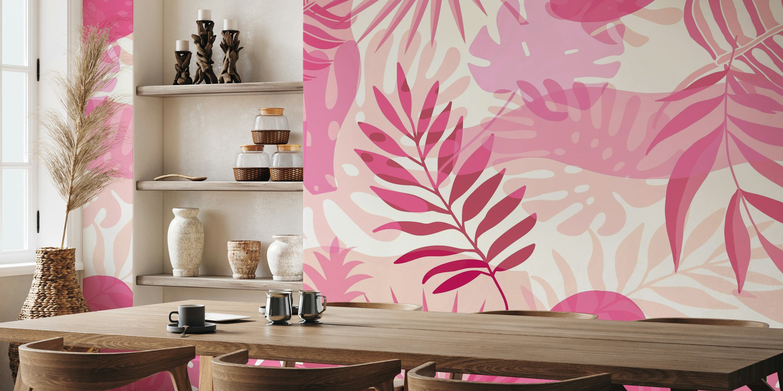 Pink Palm Leaf Exotic Vibe behang in een kamer