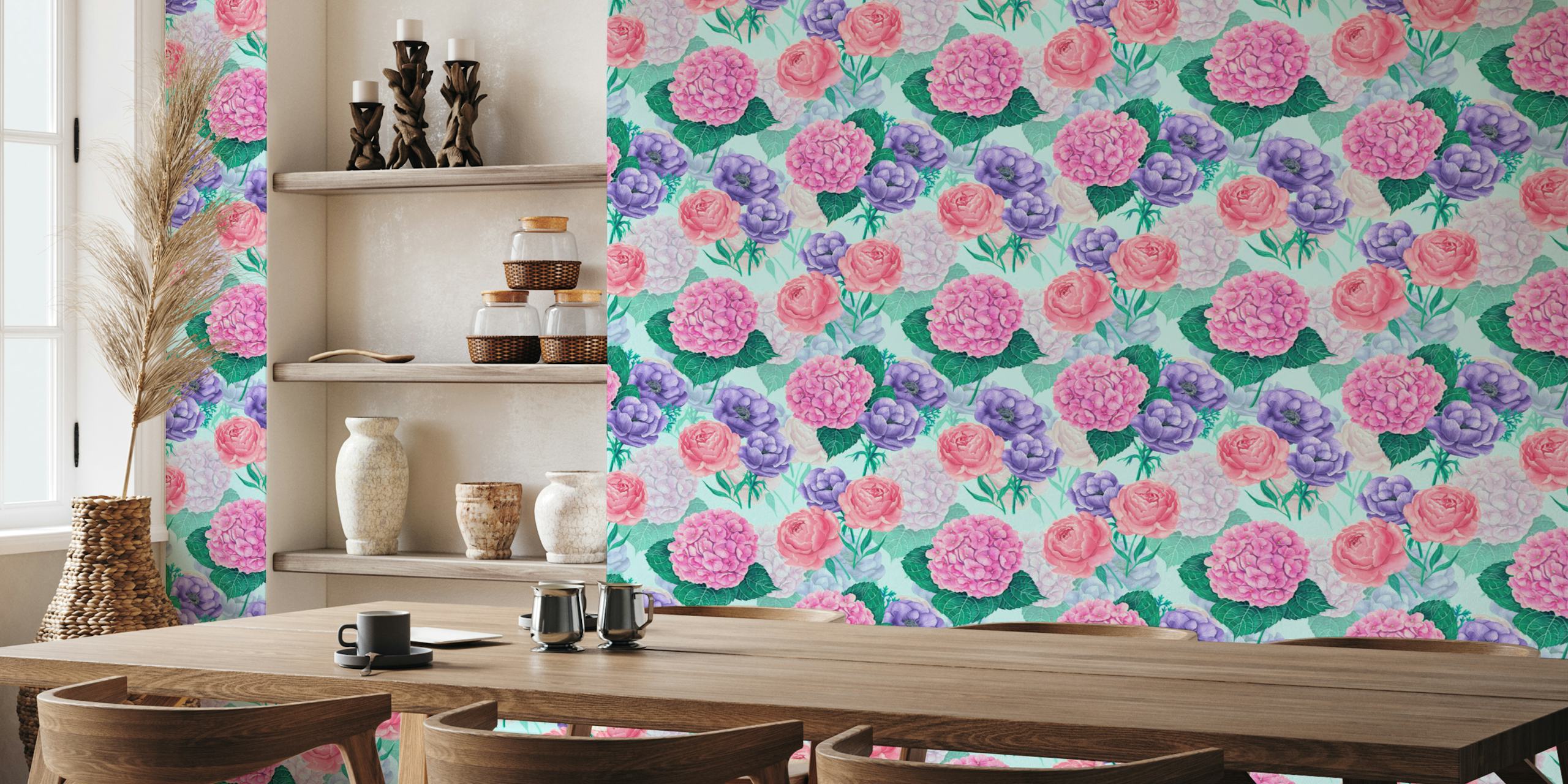Aquarell-Fototapete Frühlingsgarten mit rosa, lila Blüten und grünem Laub