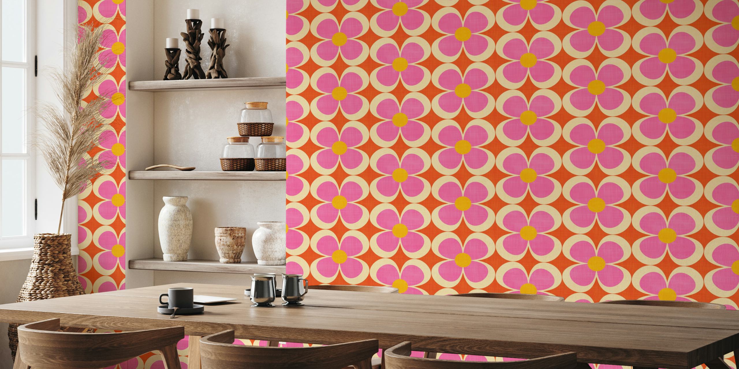 Pink and orange geometric floral wallpaper with large petals and circles
