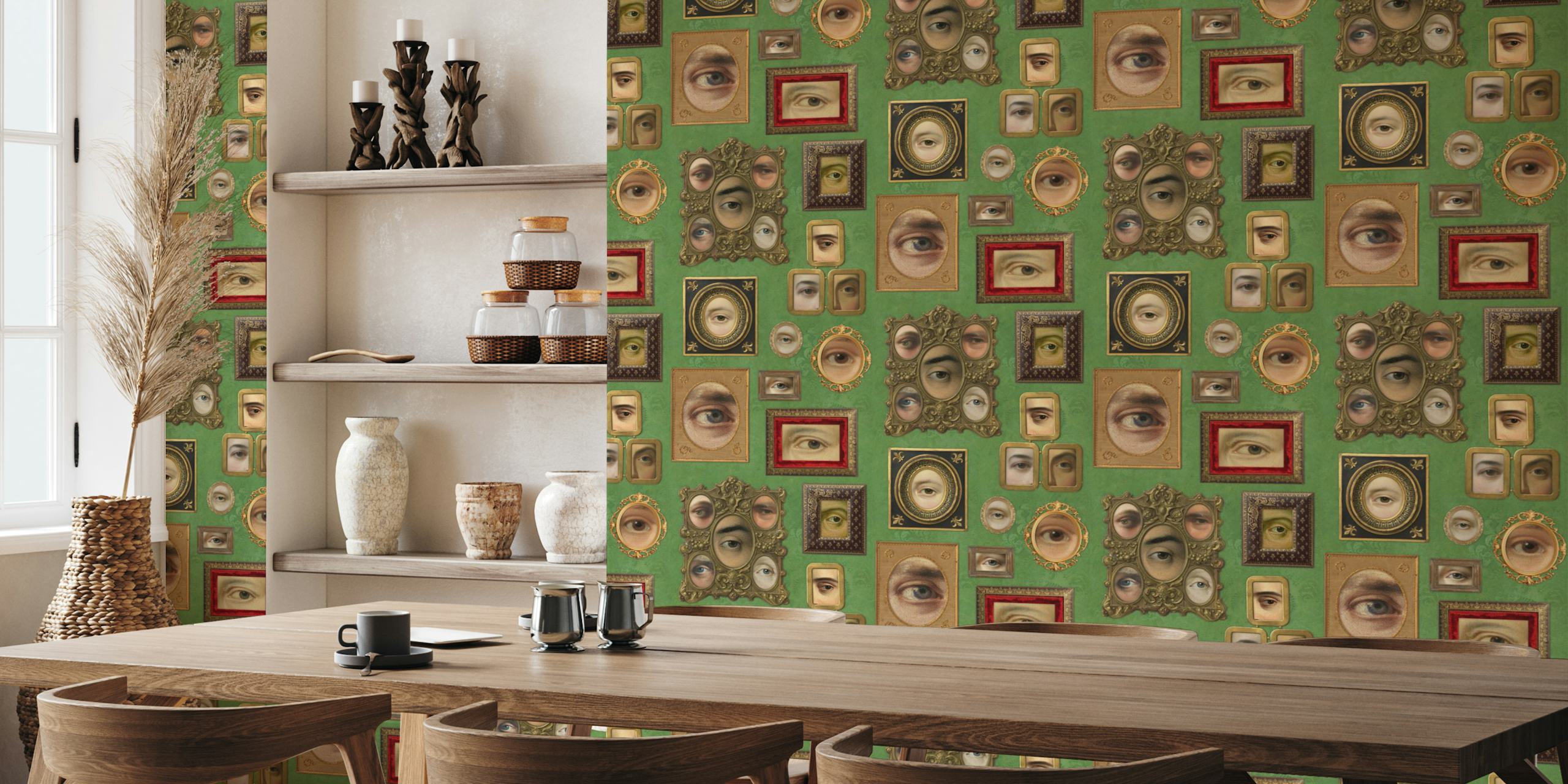 Victorian portraits with eyes in ornate frames on green wallpaper