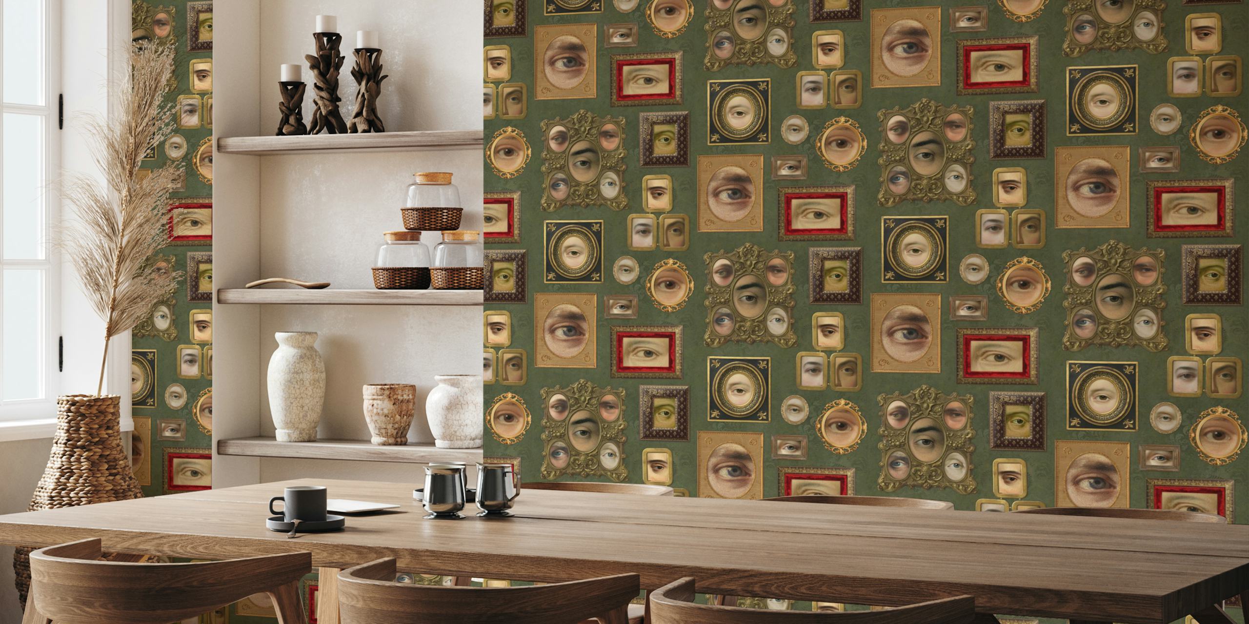Victorian portraits in framed eyes on olive green wallpaper