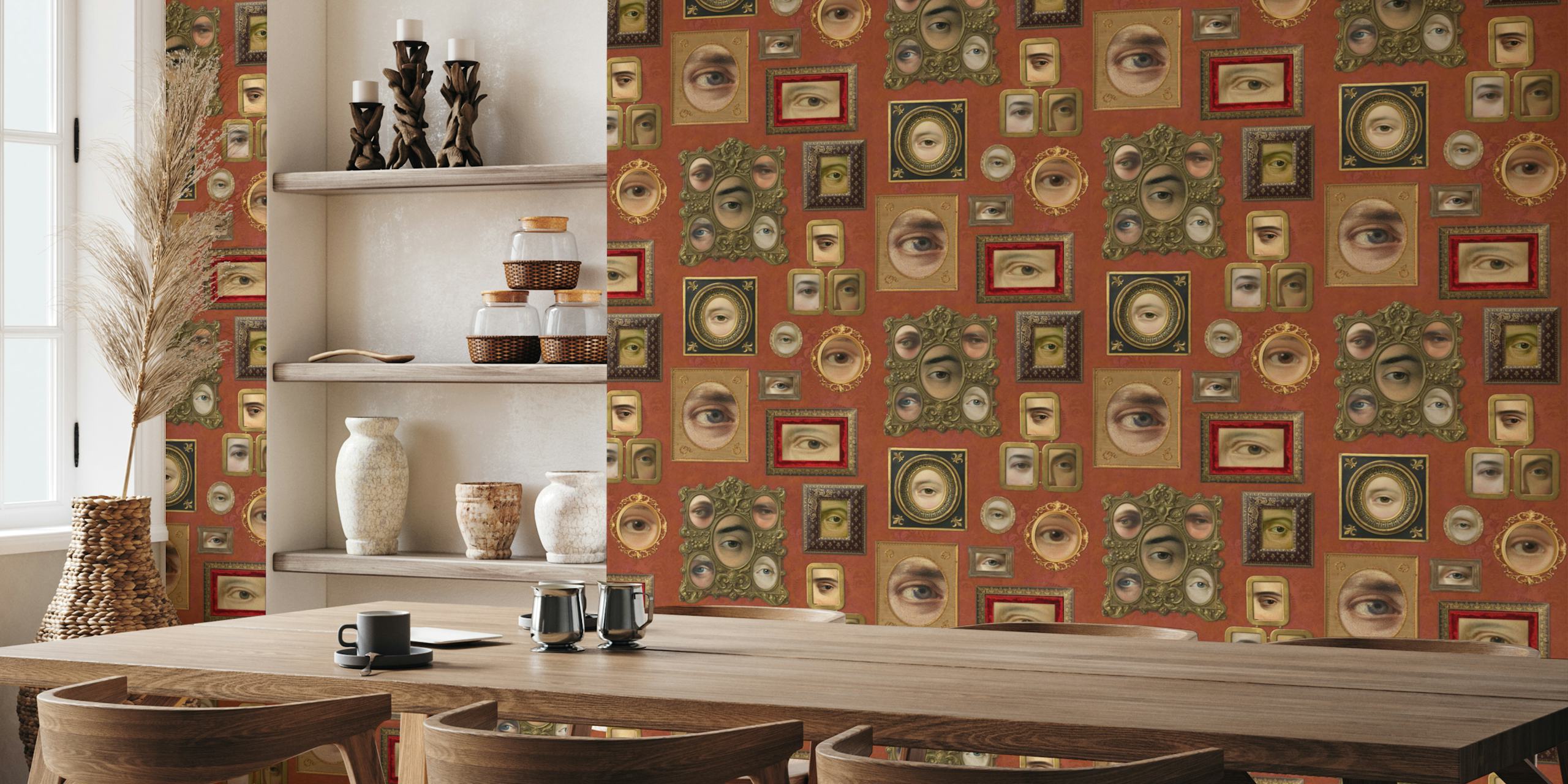 Victorian-style eyes in frames wall mural on a copper background