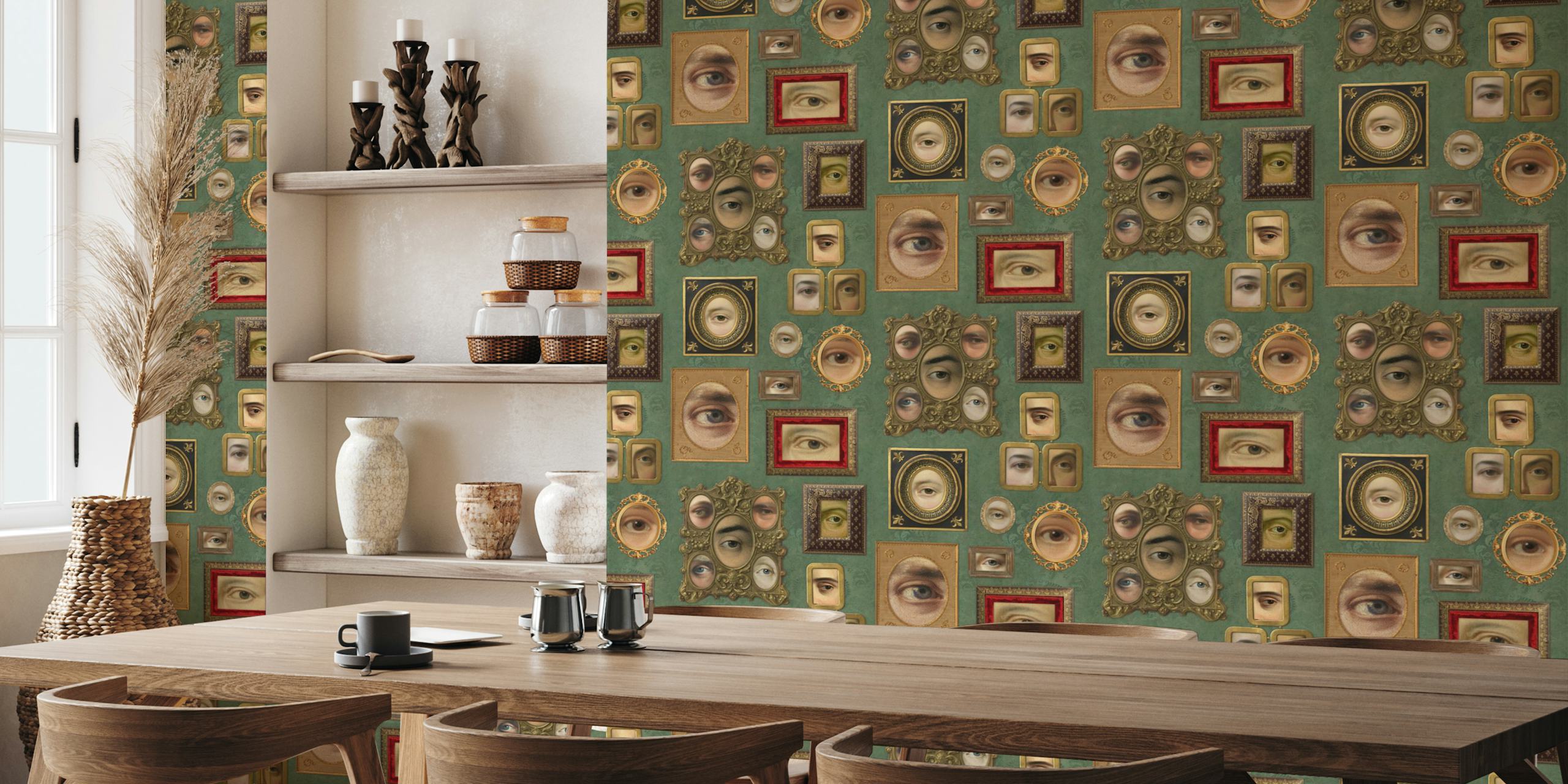 Multiple eye portraits in ornate frames on sage green wallpaper