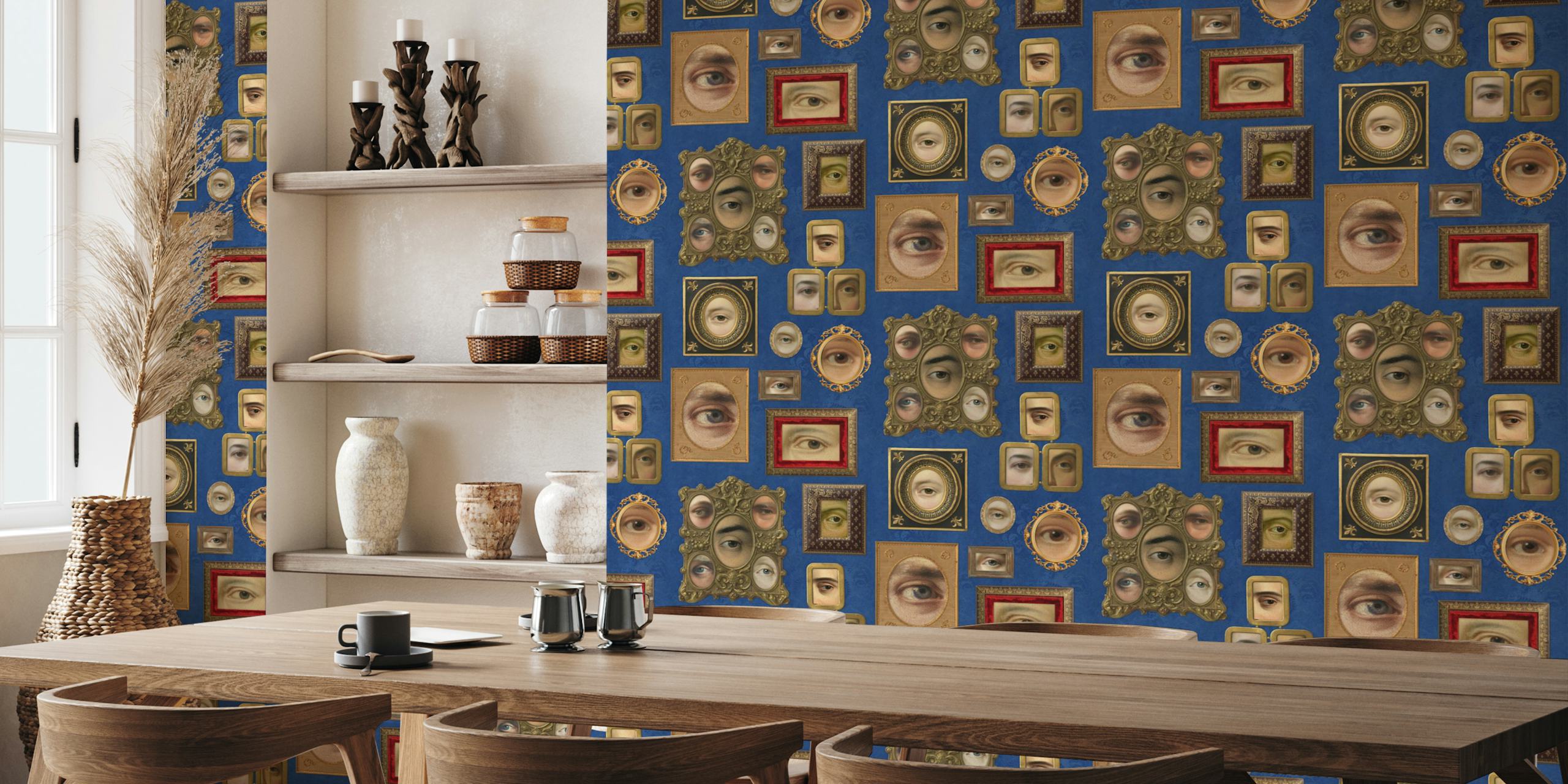 Victorian eye portraits in ornate frames against cobalt blue wallpaper