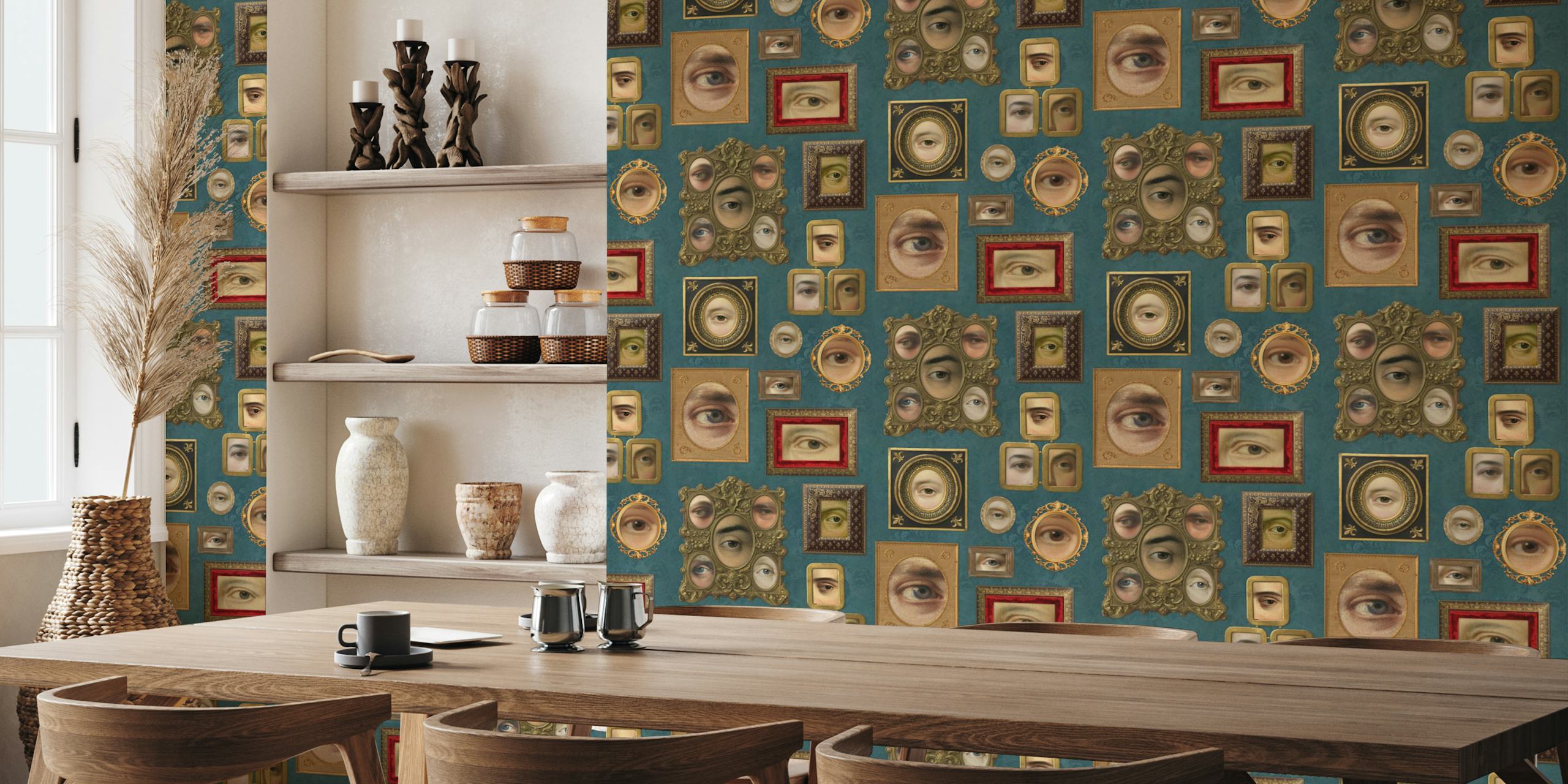 Teal blue wallpaper with Victorian portrait eyes