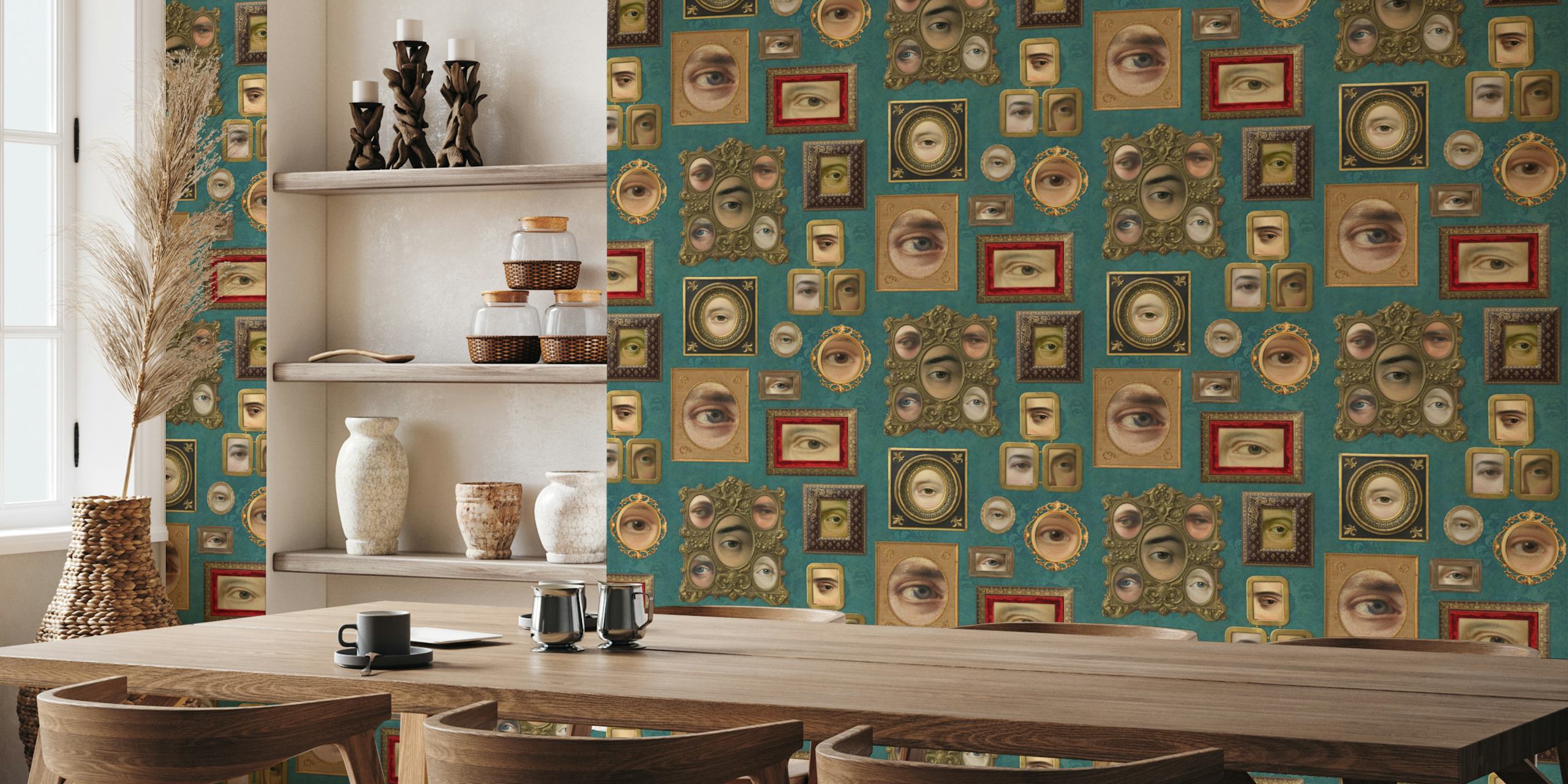 Victorian eye portraits in ornate frames against viridian background wallpaper