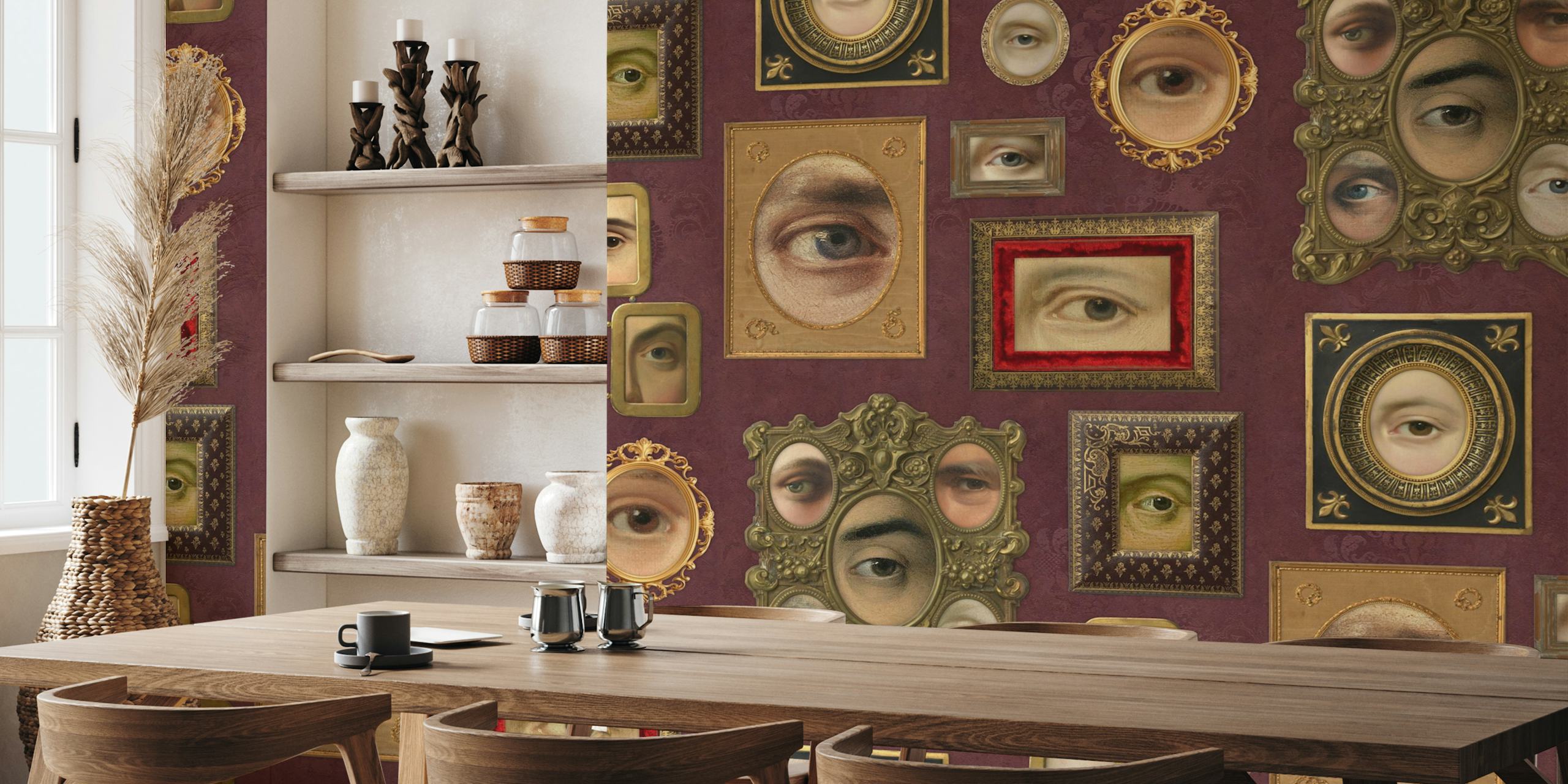 Victorian eye portraits in ornate frames on burgundy wallpaper