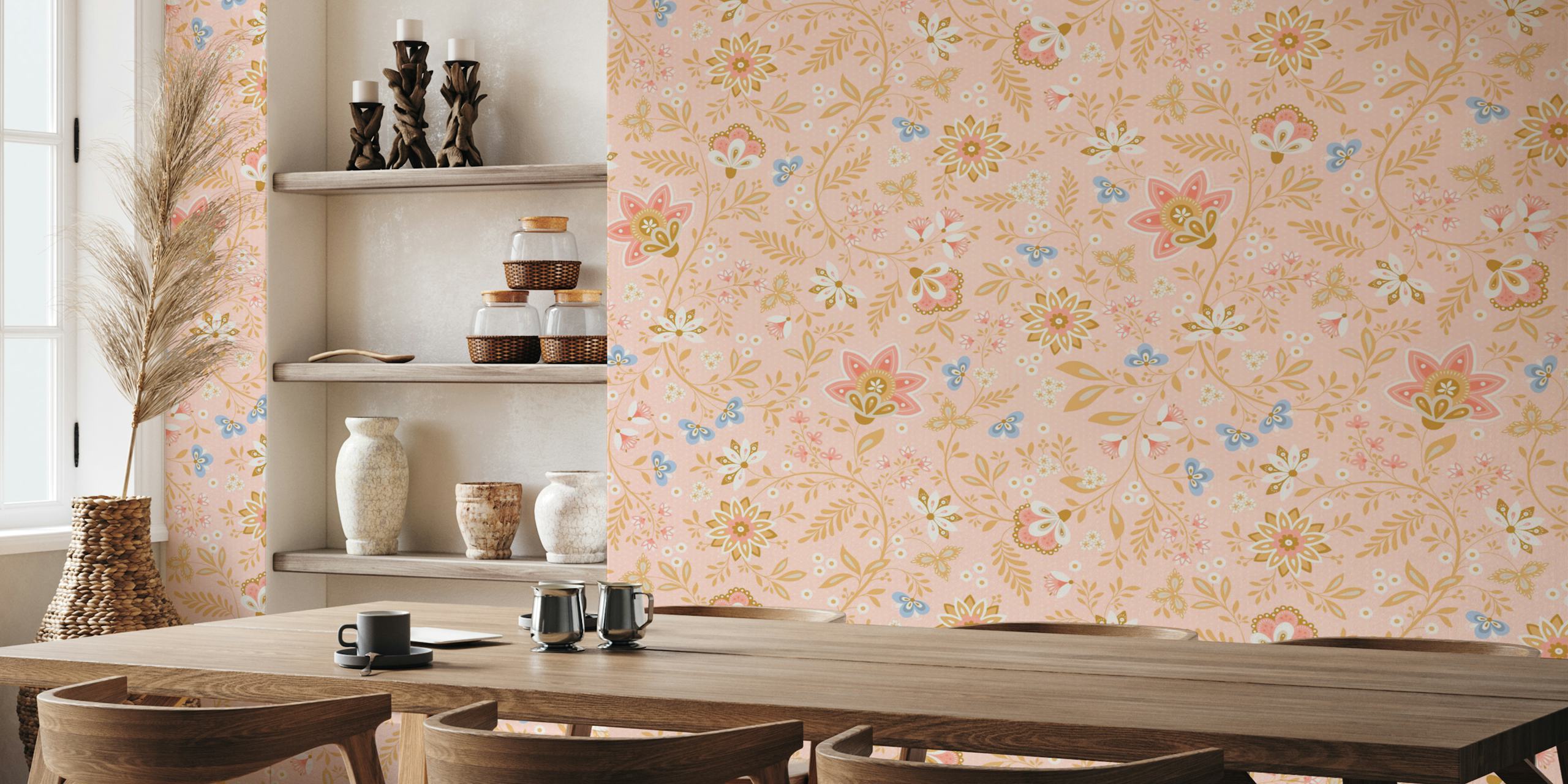 Pink floral pattern with butterflies and flowers wallpaper