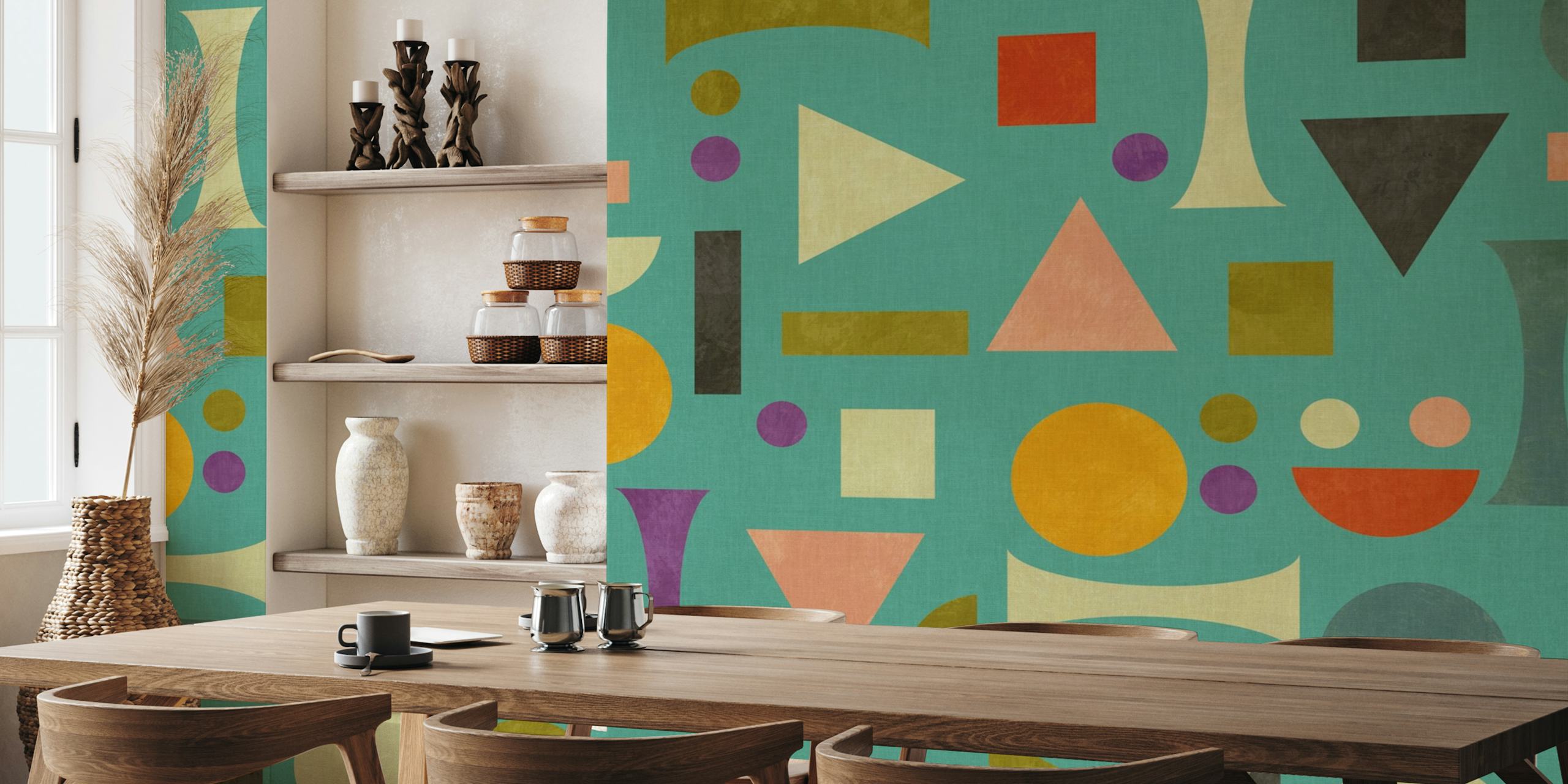 Colorful geometric shapes on turquoise background wallpaper