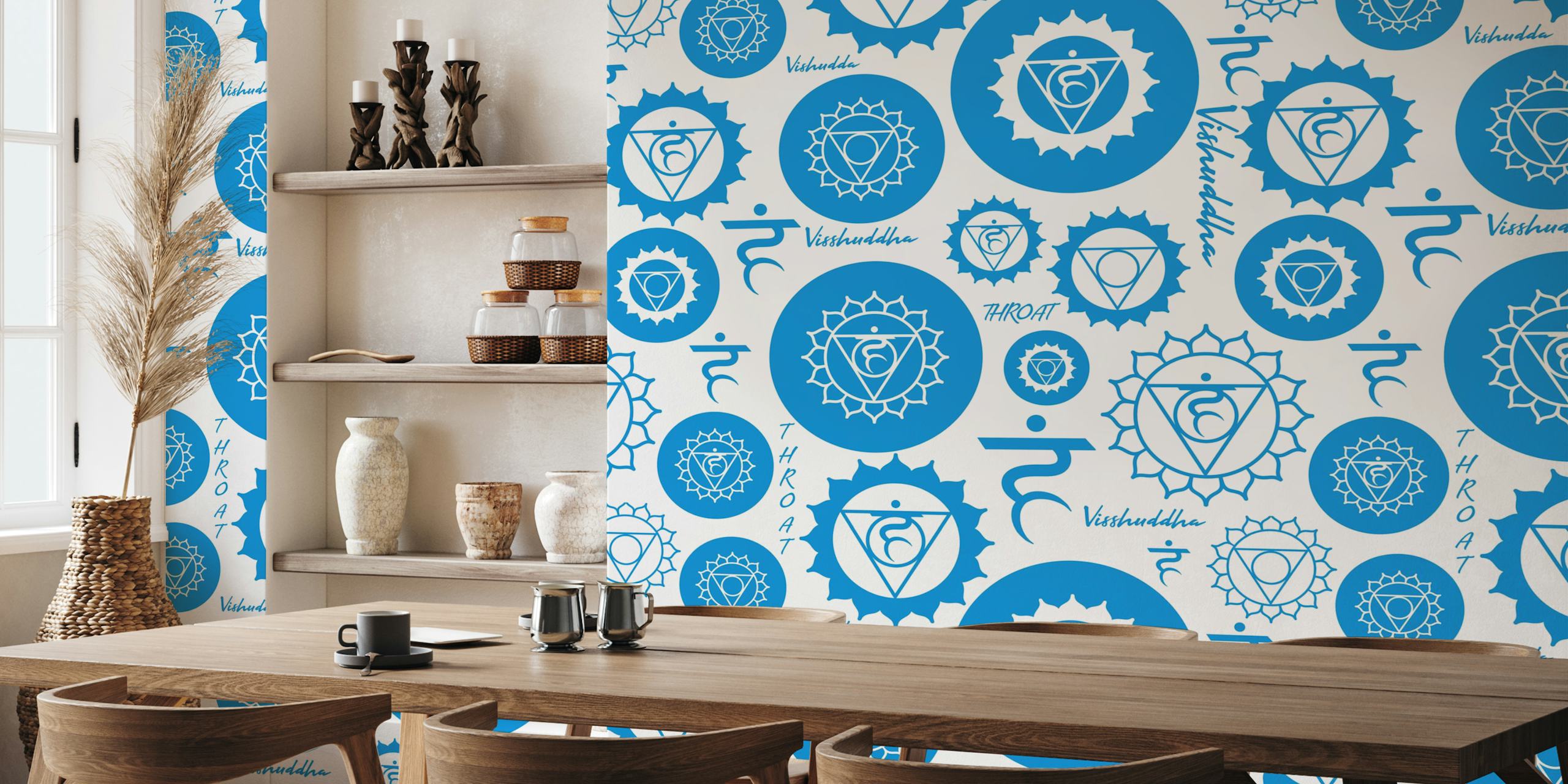 Throat Chakra symbols in blue on white wallpaper