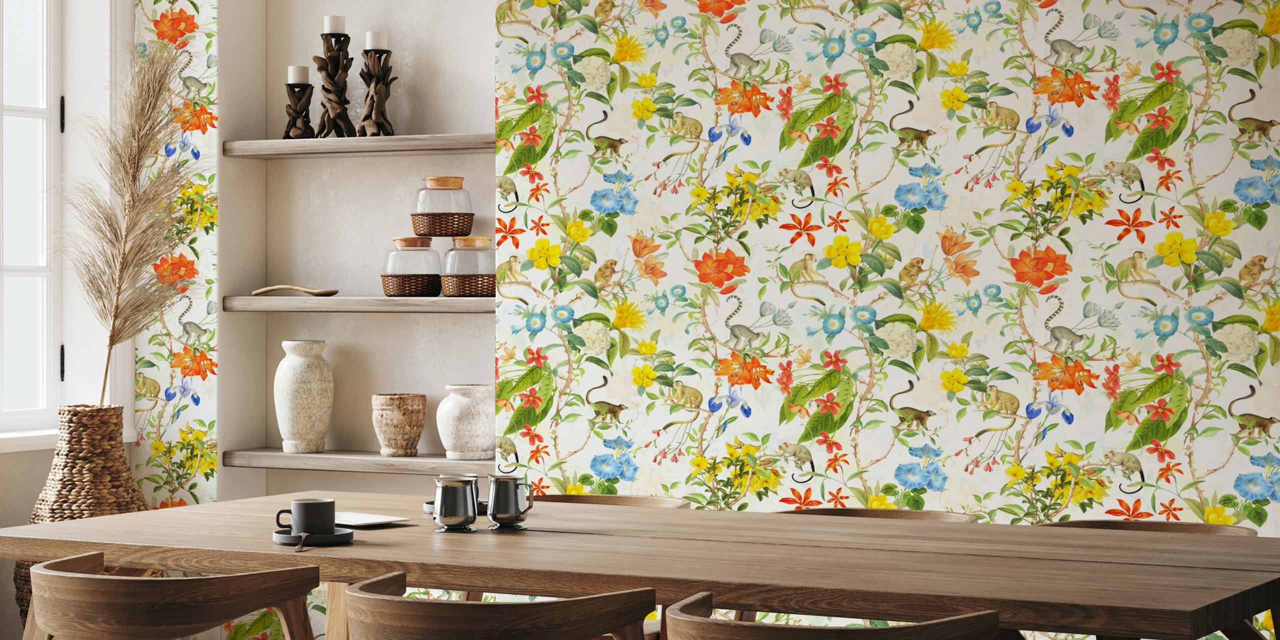 Monkeys and colorful flowers in a Chinoiserie garden wallpaper