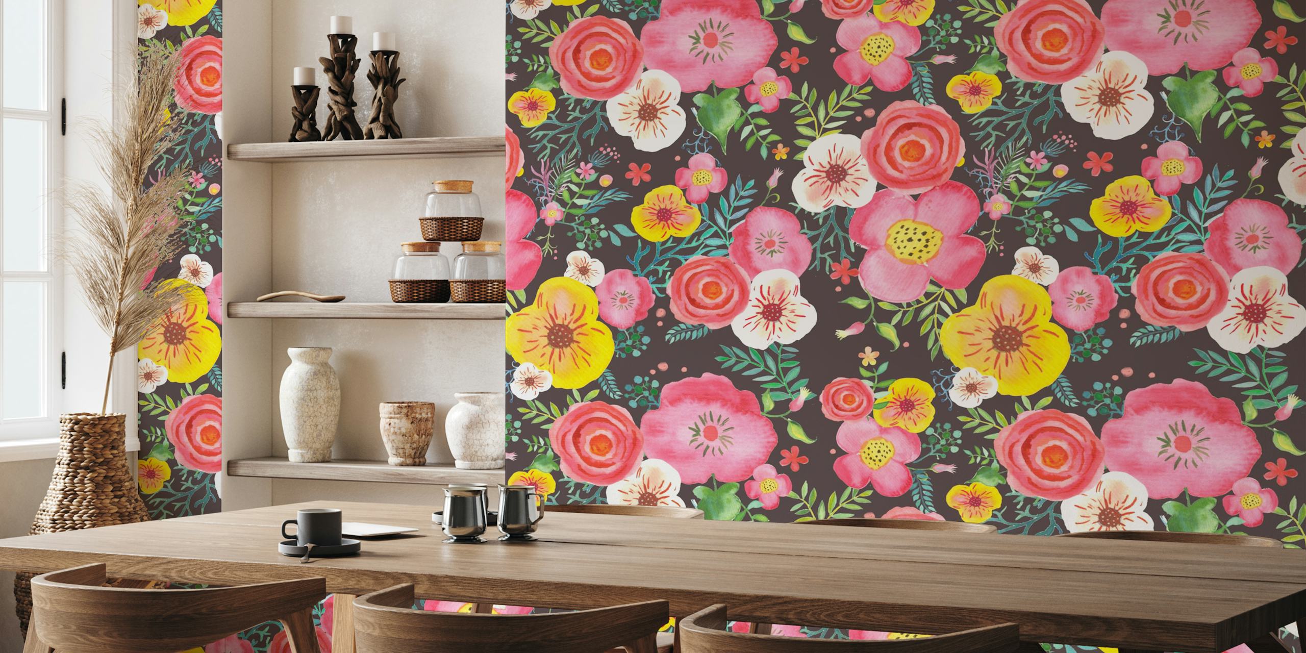 Colorful garden flowers in pink, yellow, and white on dark background wallpaper