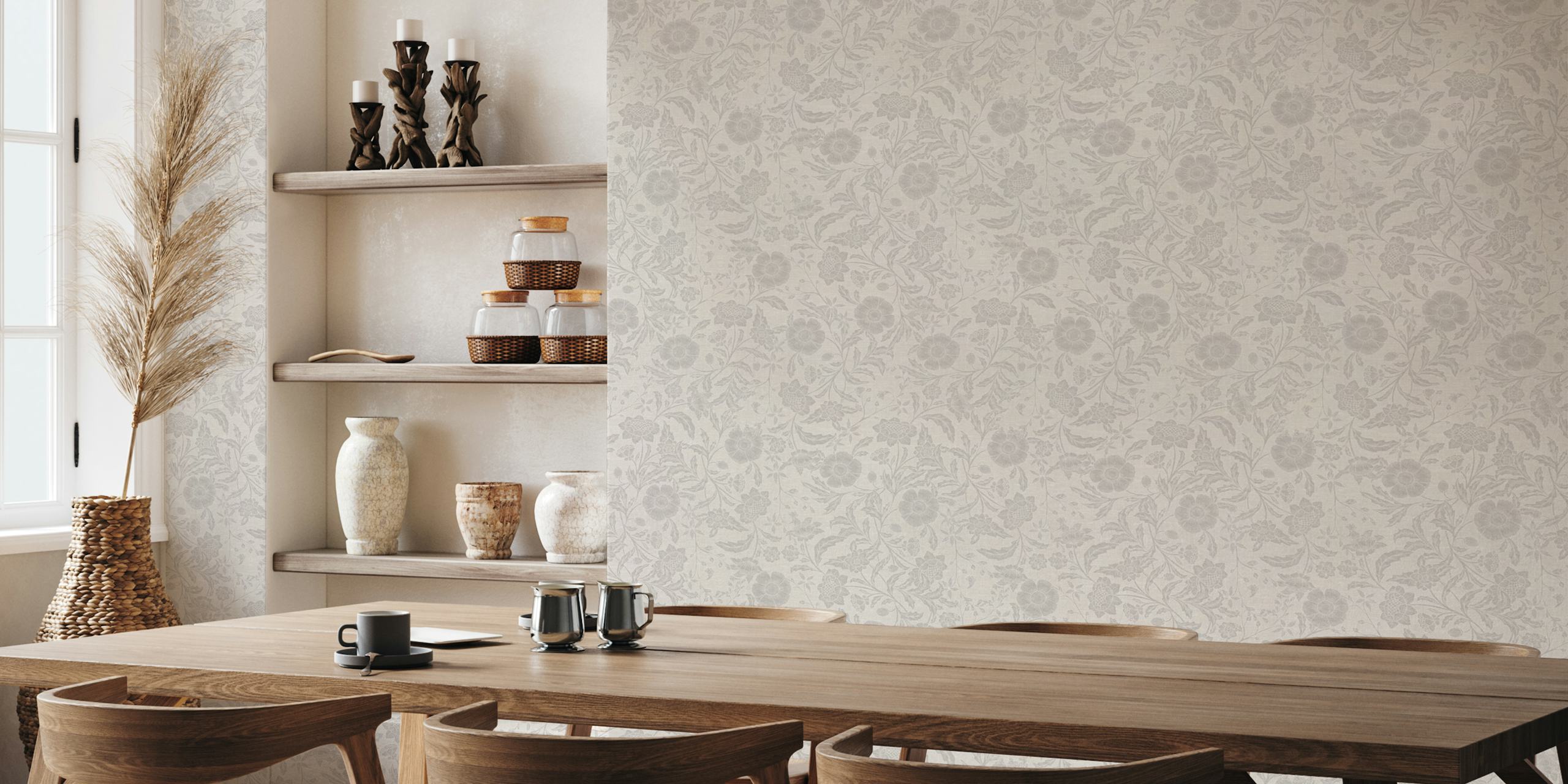 Textured neutral florals wallpaper in a room