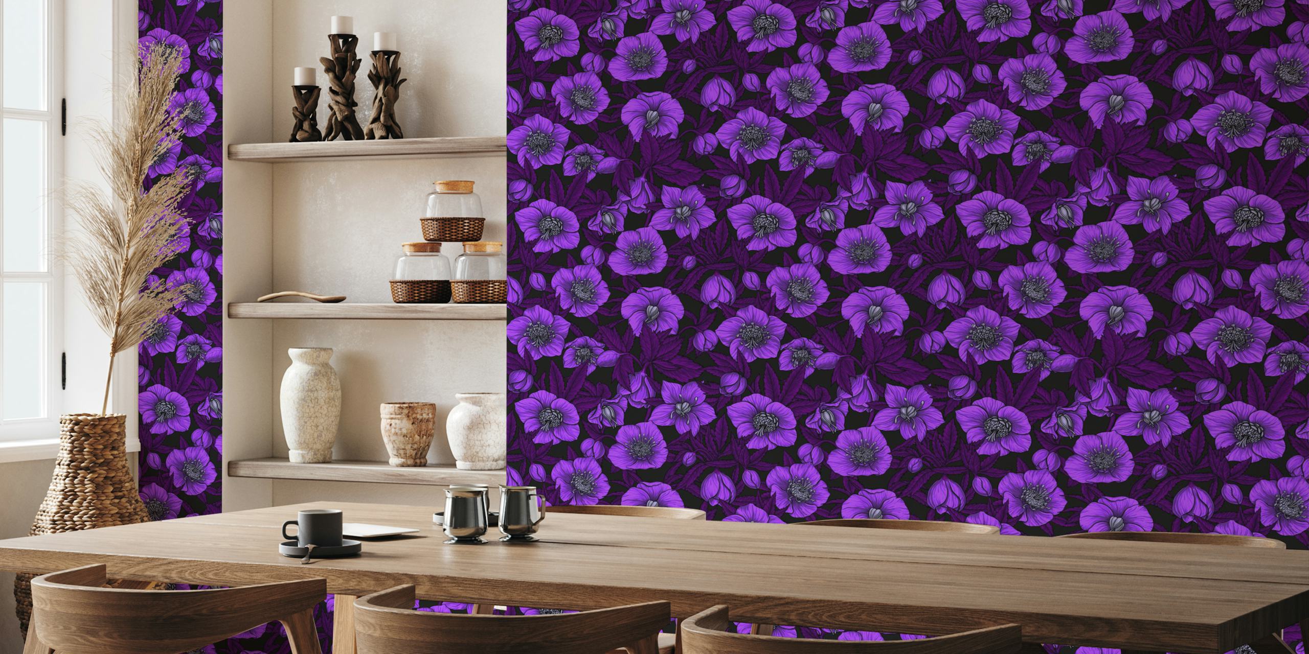 Papier peint fleurs d'hellébore violettes avec feuilles magenta sur fond sombre