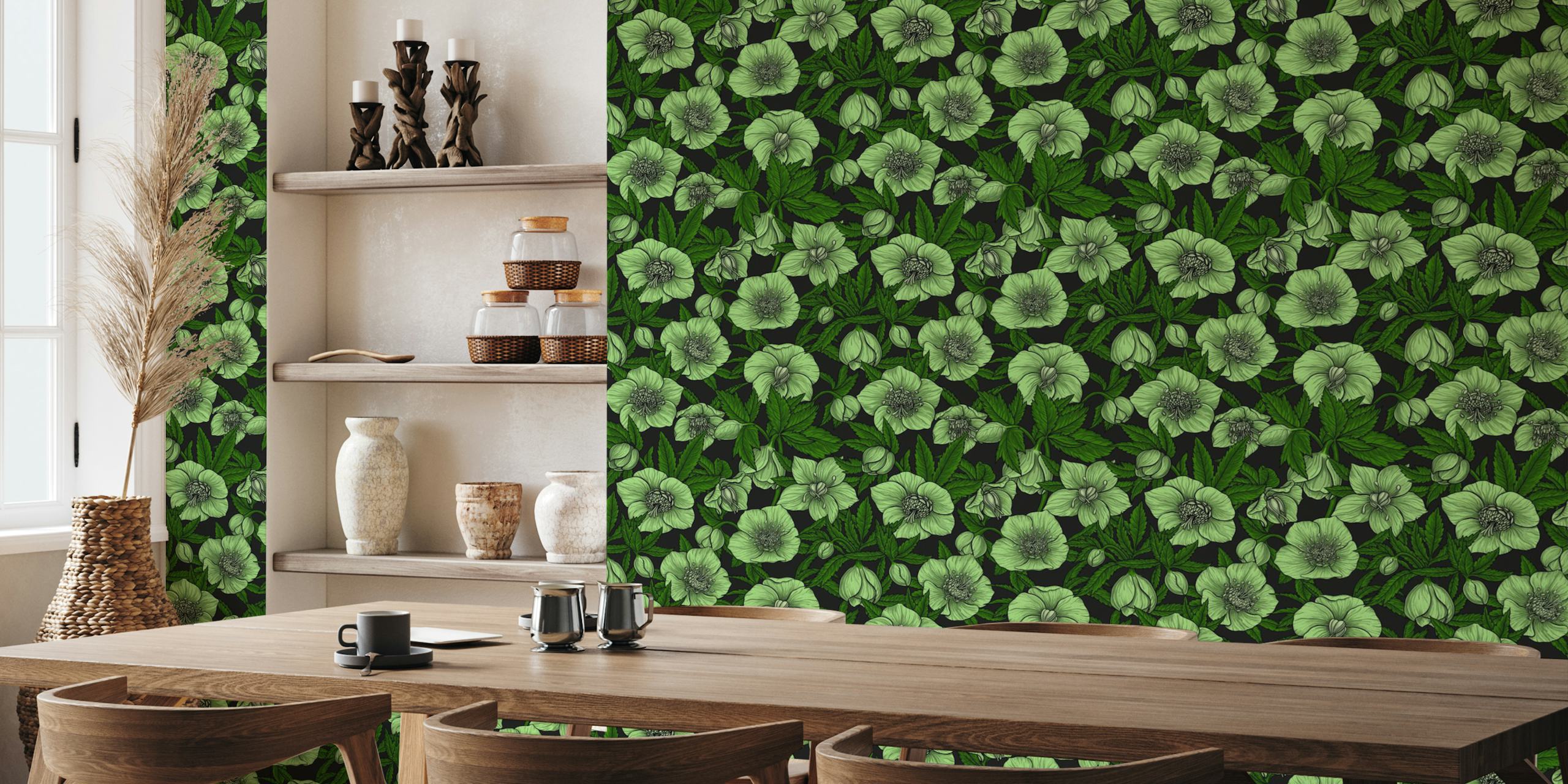 Green floral pattern with white hellebores and leaves wallpaper