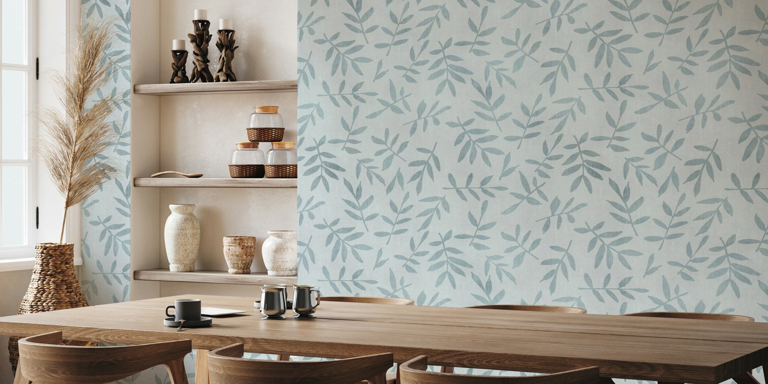 Simpelt Ditsy Leaf Pattern Vægmaleri i gråblå