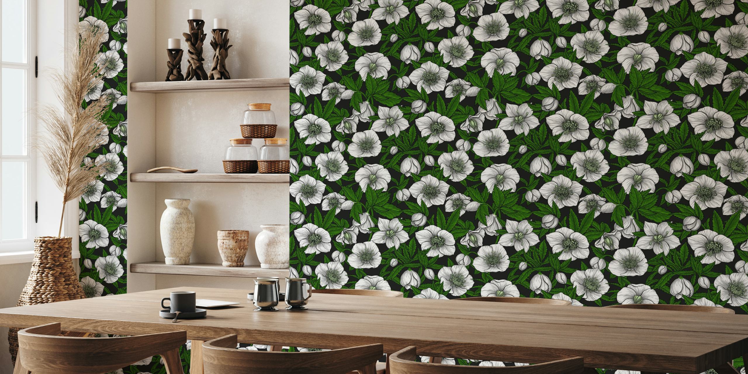 Blomster tapet med White Hellebores och gröna blad