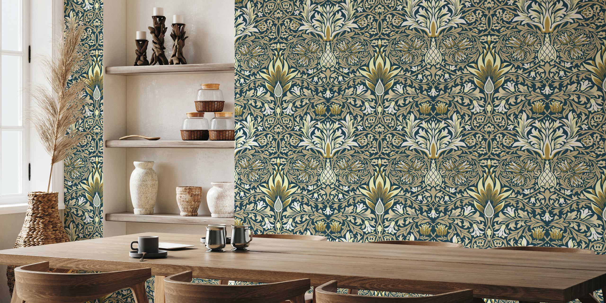 Victorian Snakeshead Pattern 3 wall mural featuring intricate botanical and serpentine motifs in navy blue and gold.