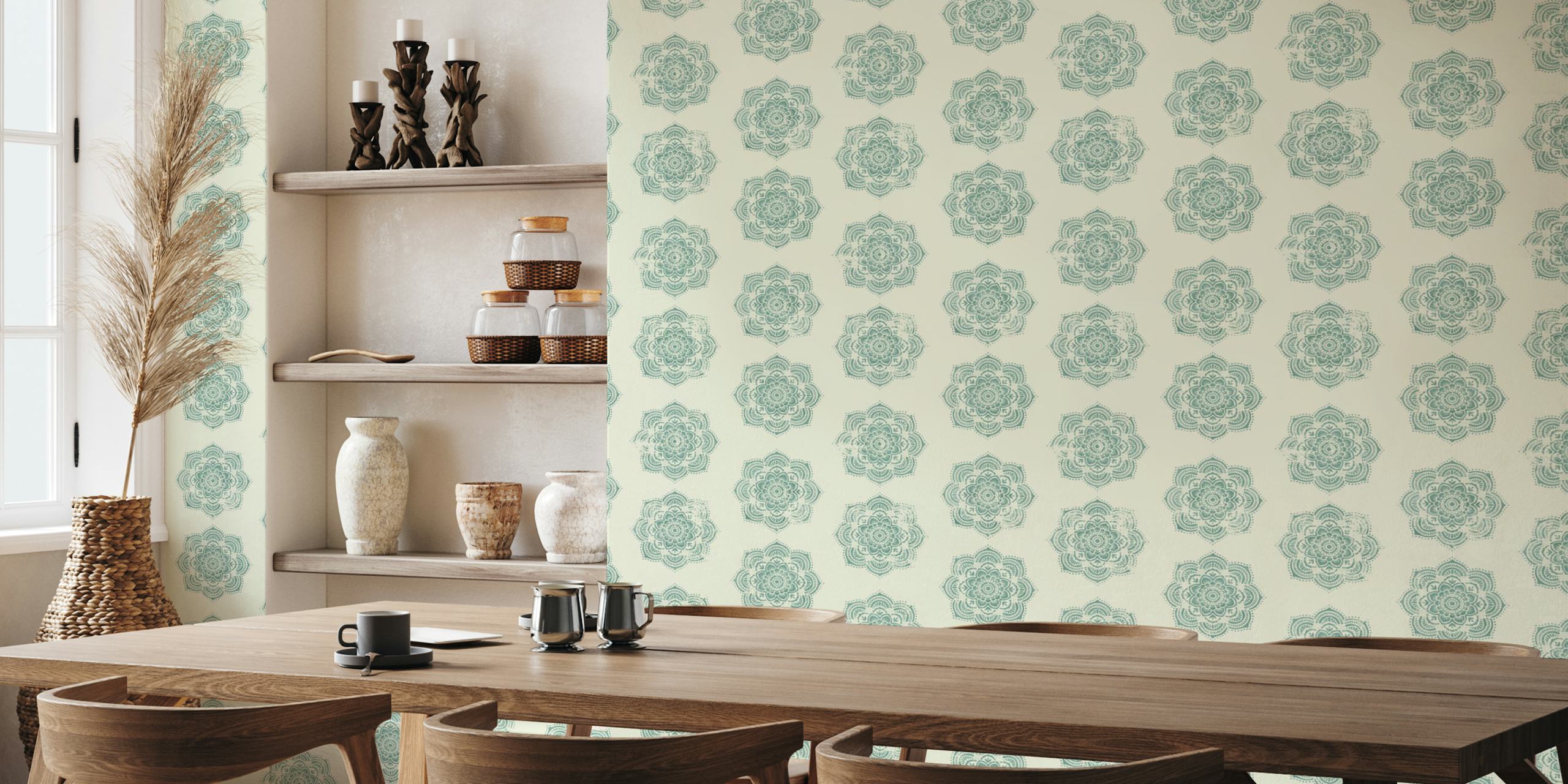 Vintage bohem-stil mandala veggmaleri i blågrønn og elfenben farger