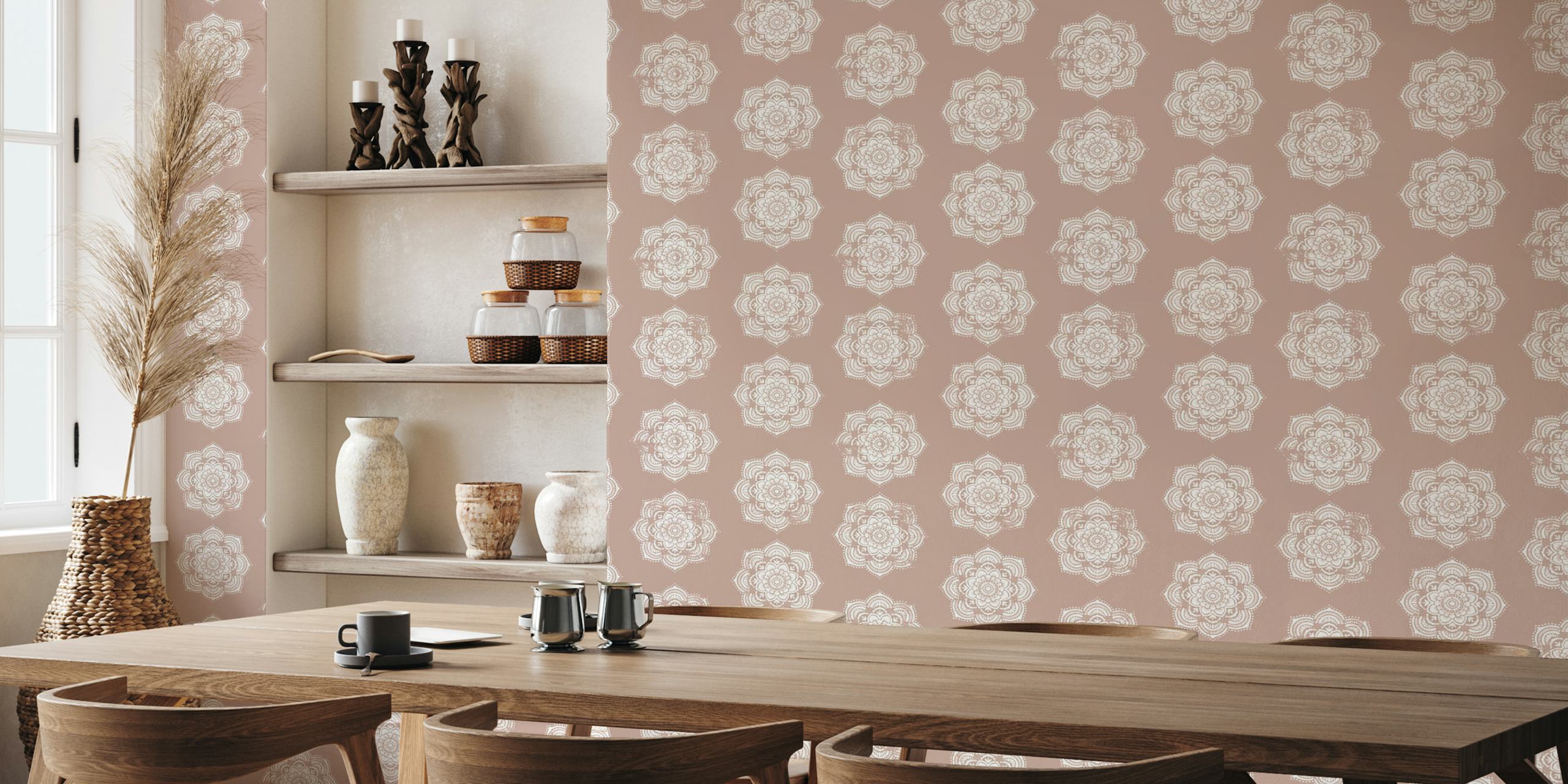 Beige floral mandala patterns on a muted background wallpaper